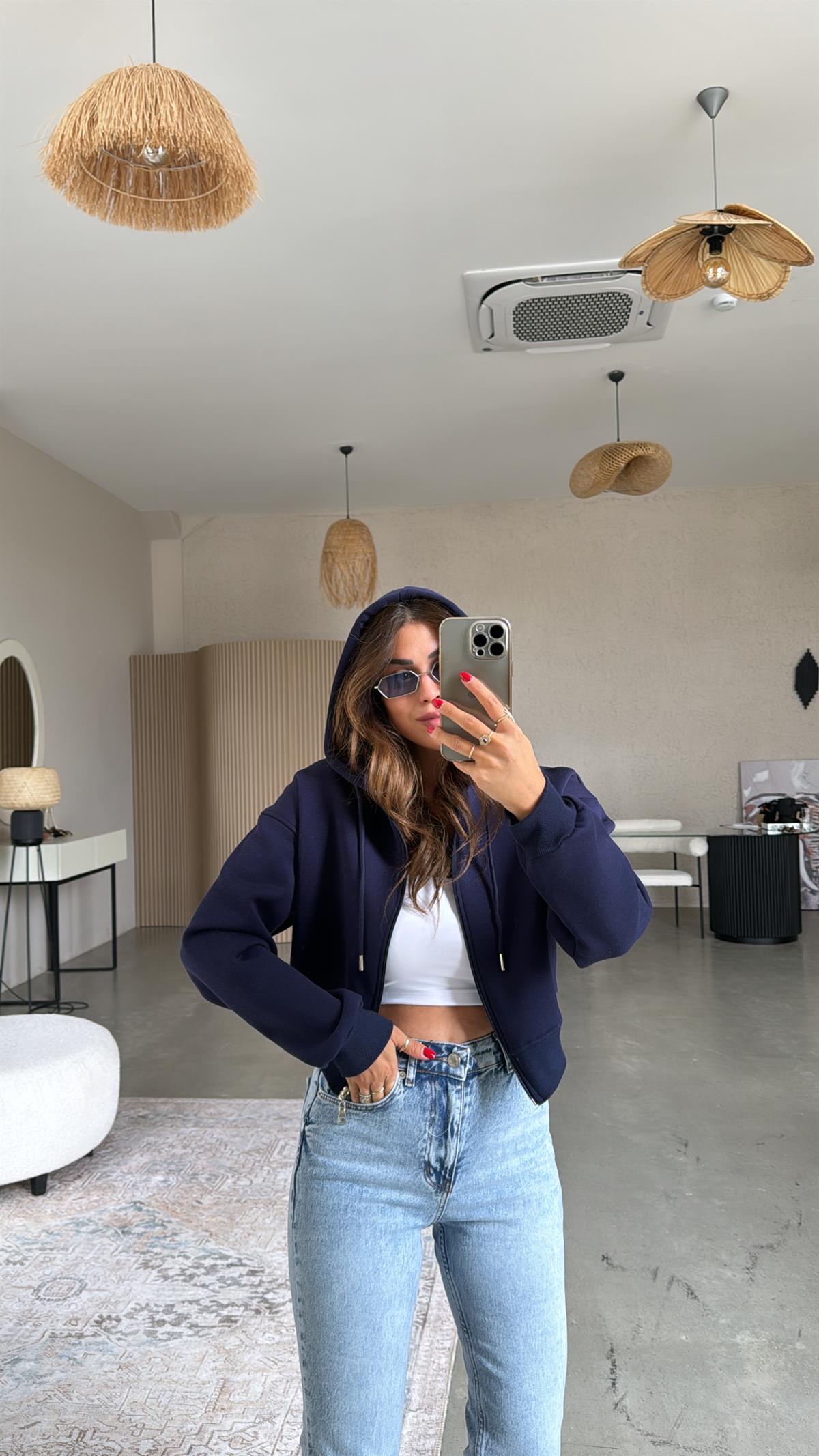 Lacivert Kısa Fermuarlı Şardonlu Ceket