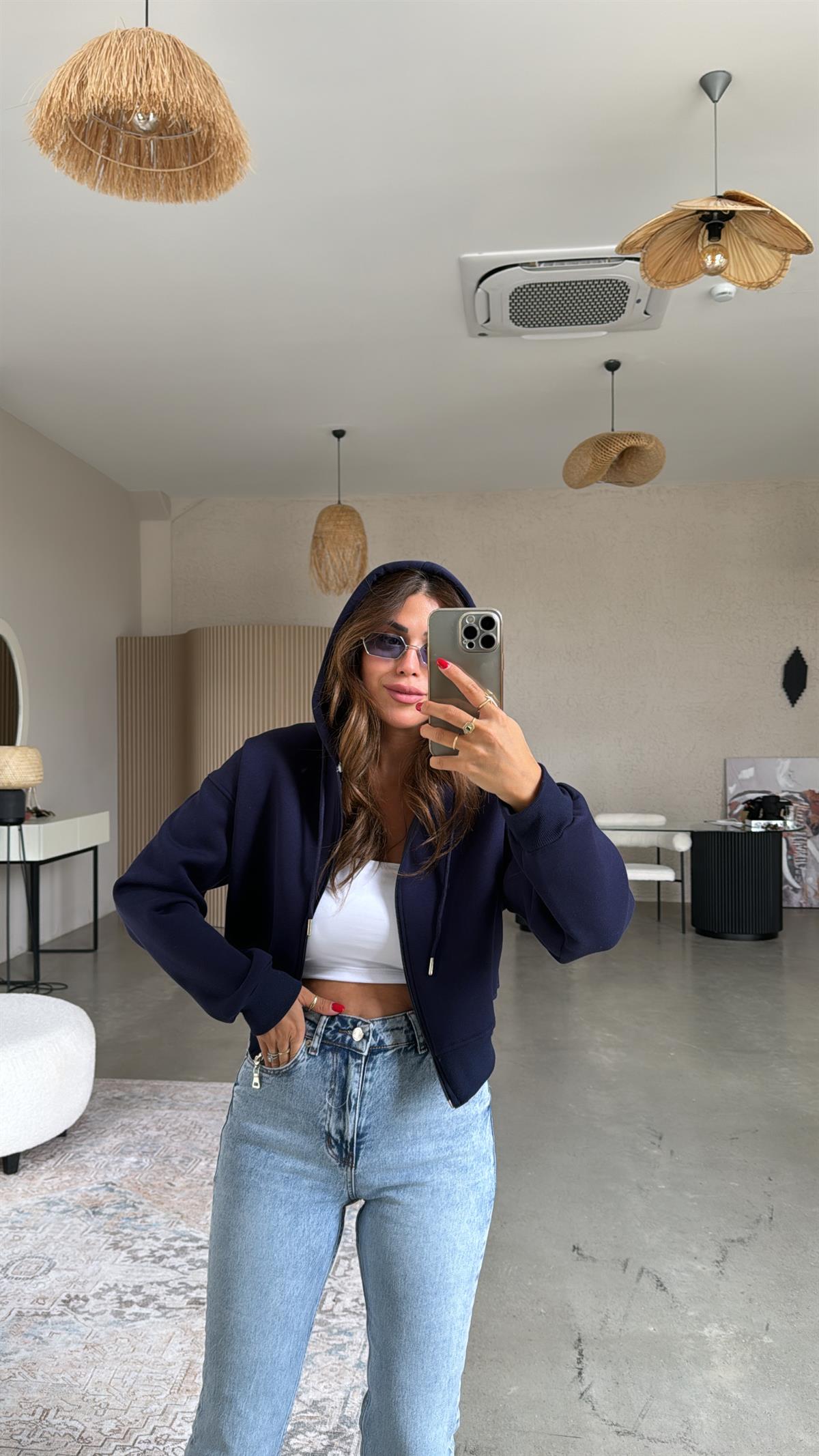 Lacivert Kısa Fermuarlı Şardonlu Ceket