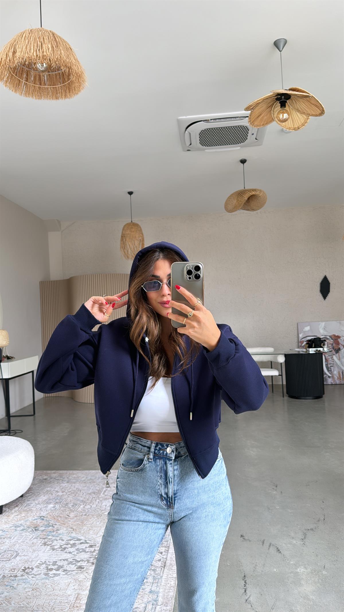 Lacivert Kısa Fermuarlı Şardonlu Ceket