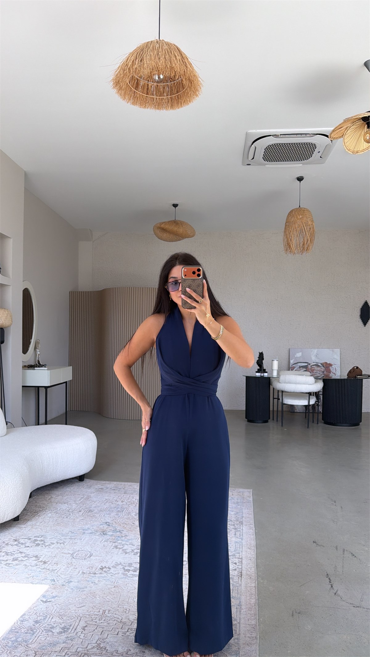 Lacivert Krep Kumaş Bağlamalı Premium Tulum