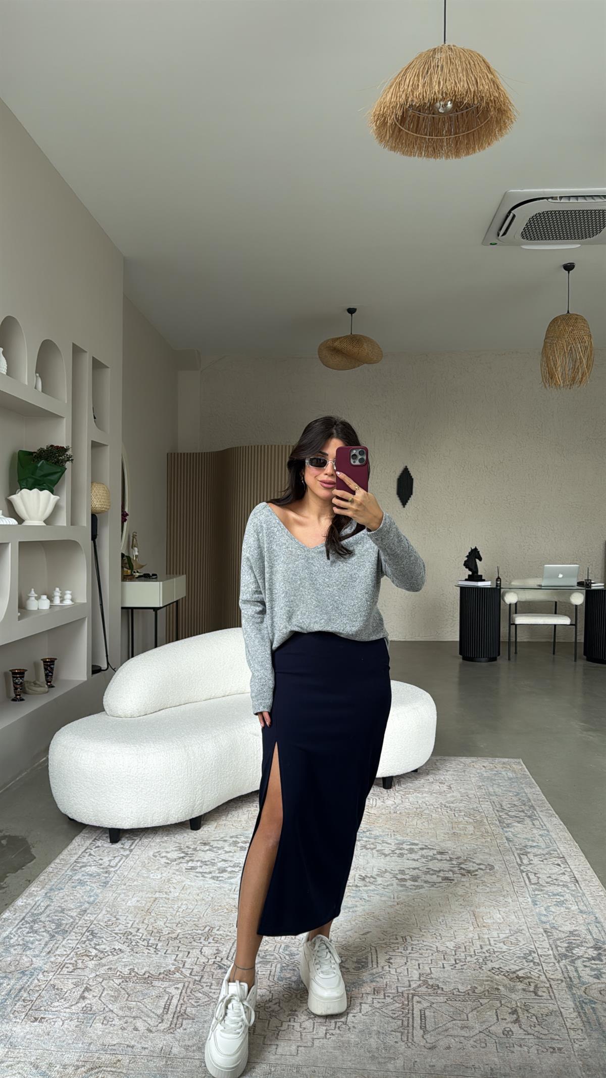 Lacivert Krep Yırtmaçlı Kalem Etek