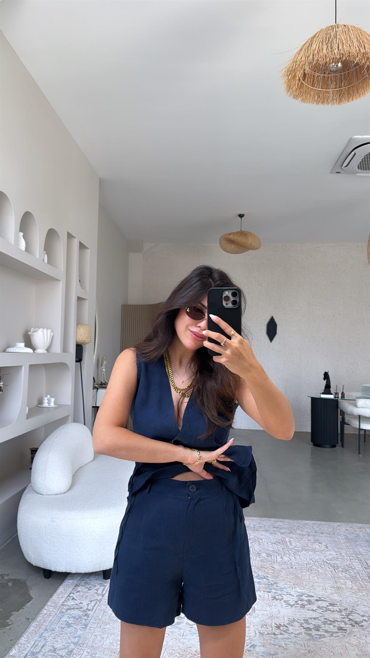 Lacivert Kruvaze Ham Keten Şort Bluz Takım