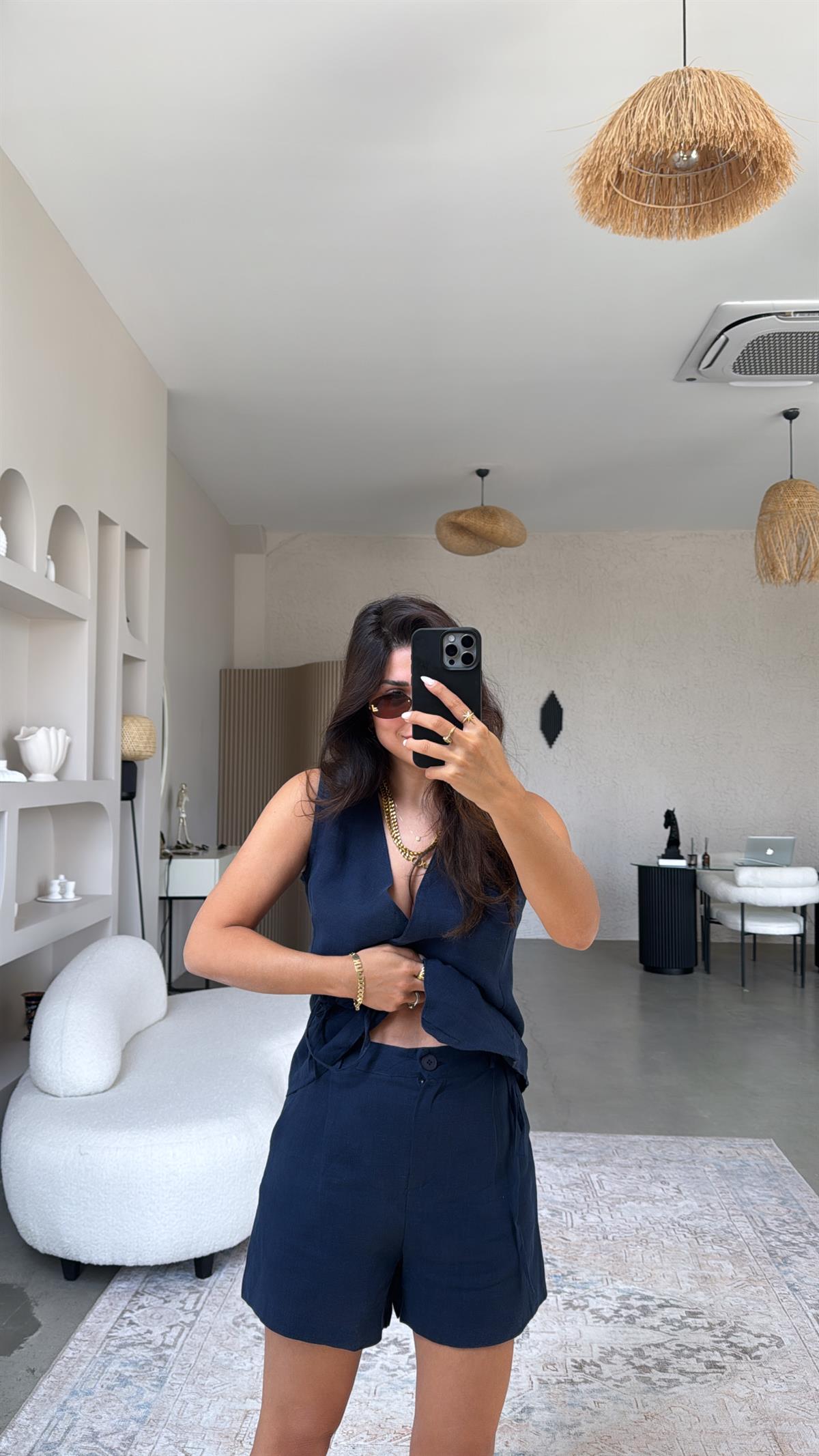 Lacivert Kruvaze Ham Keten Şort Bluz Takım