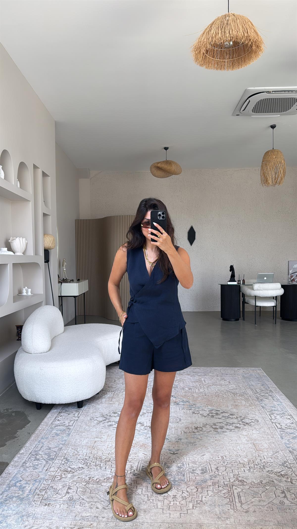 Lacivert Kruvaze Ham Keten Şort Bluz Takım