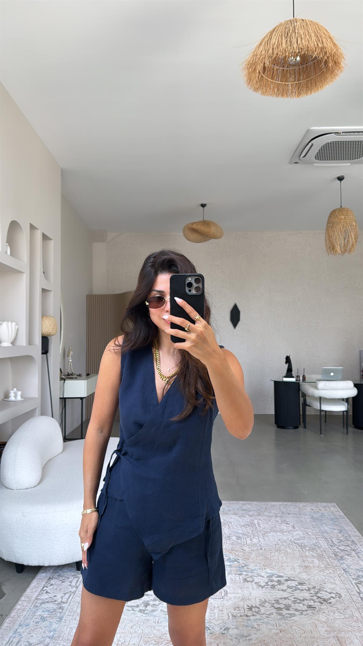 Lacivert Kruvaze Ham Keten Şort Bluz Takım