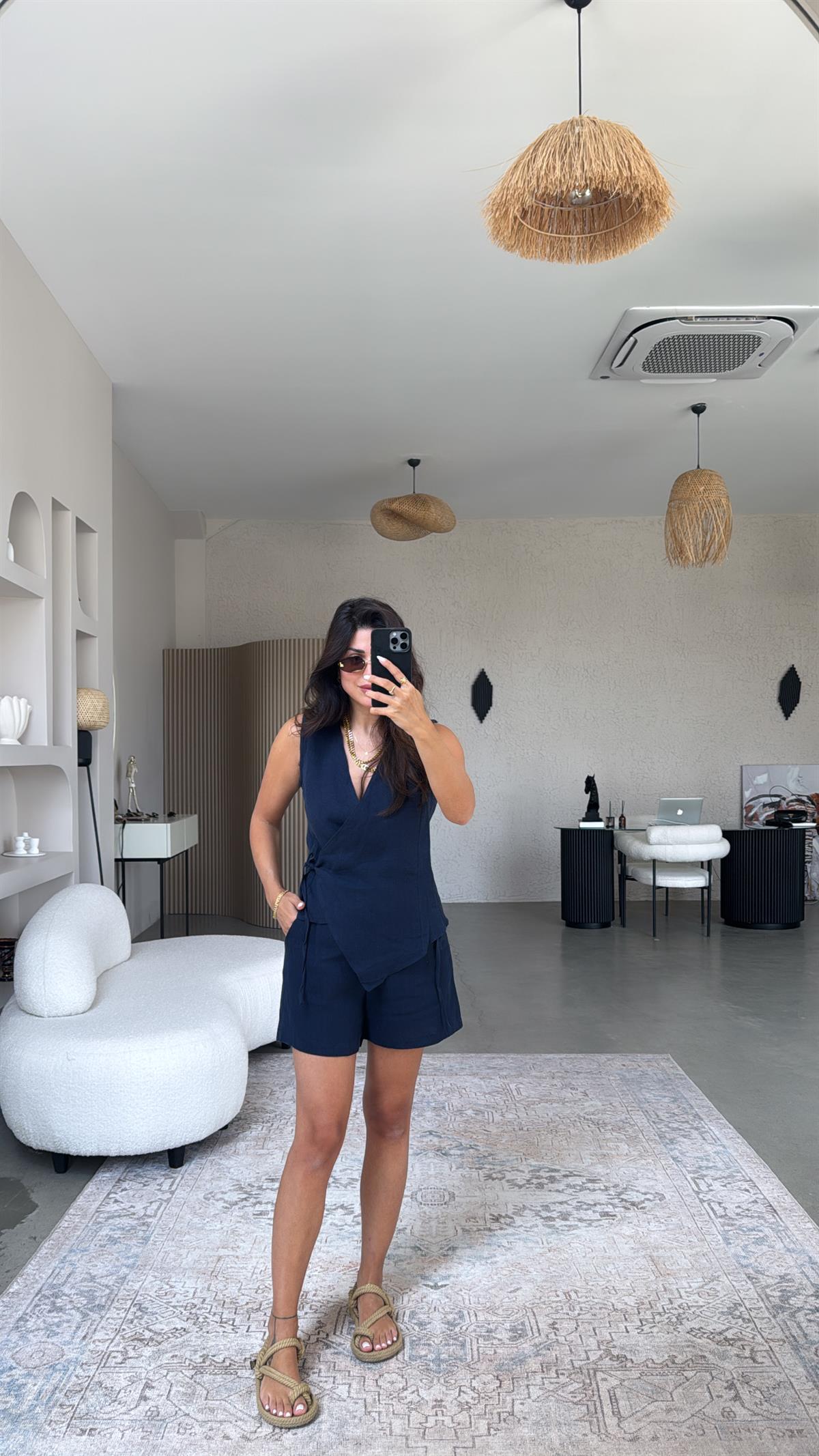 Lacivert Kruvaze Ham Keten Şort Bluz Takım