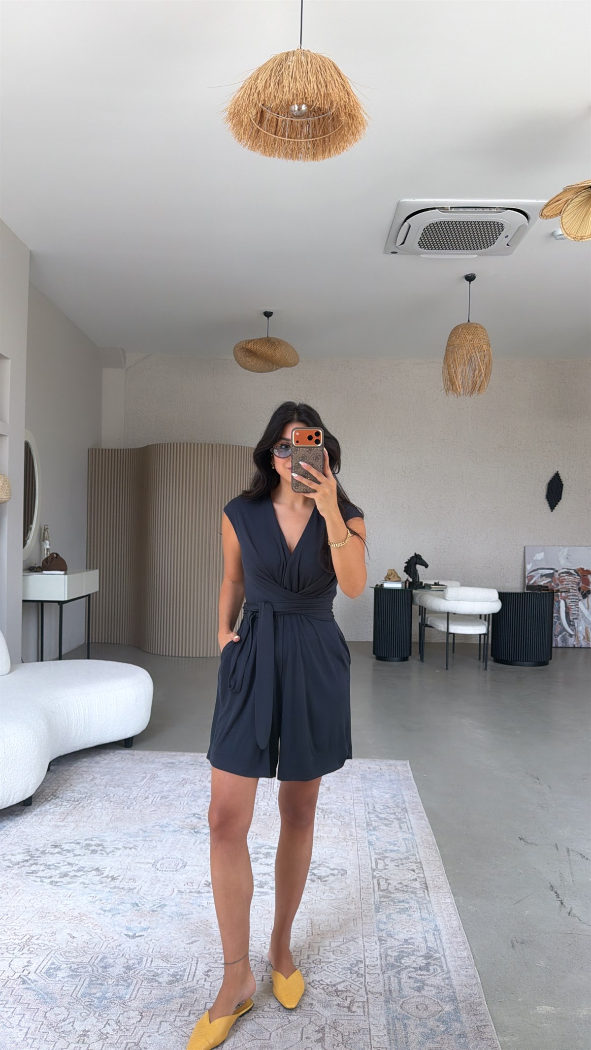 Lacivert Kruvaze Şortlu Tulum