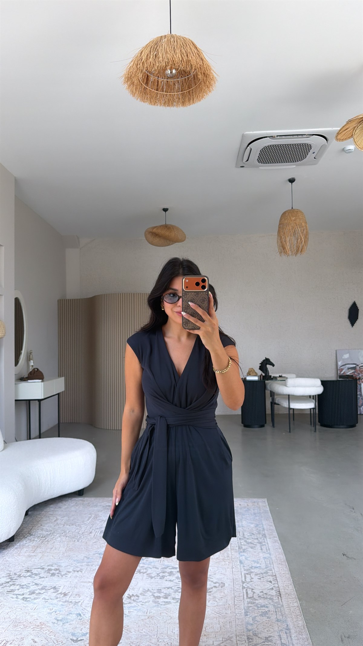 Lacivert Kruvaze Şortlu Tulum