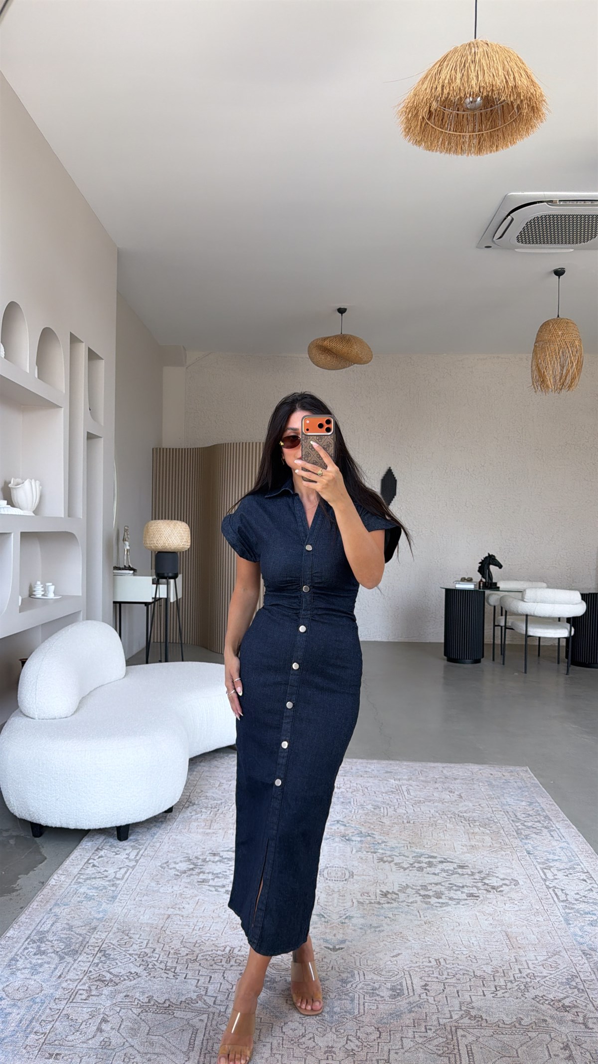 Lacivert Likralı Premium Jean Elbise