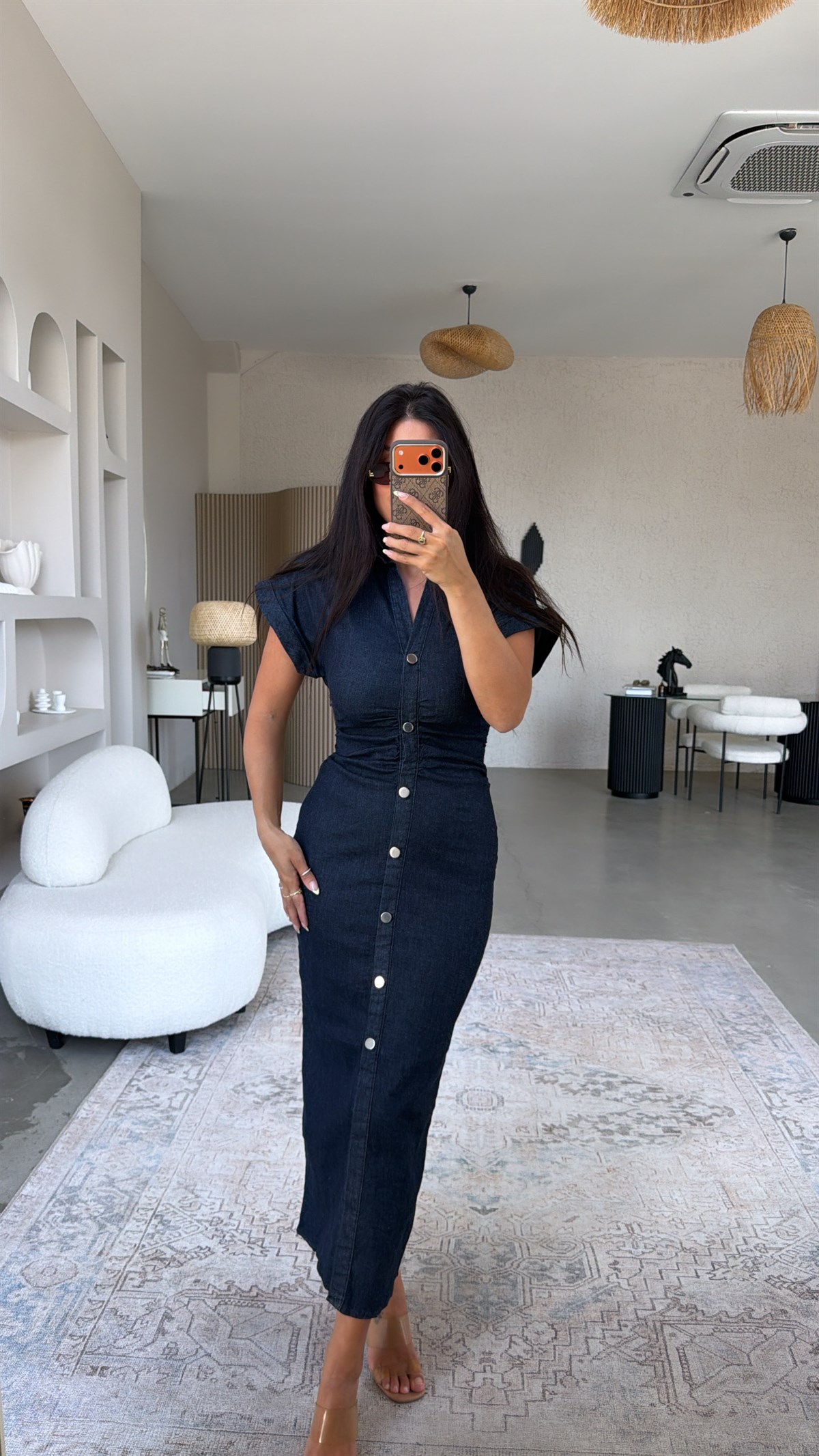 Lacivert Likralı Premium Jean Elbise