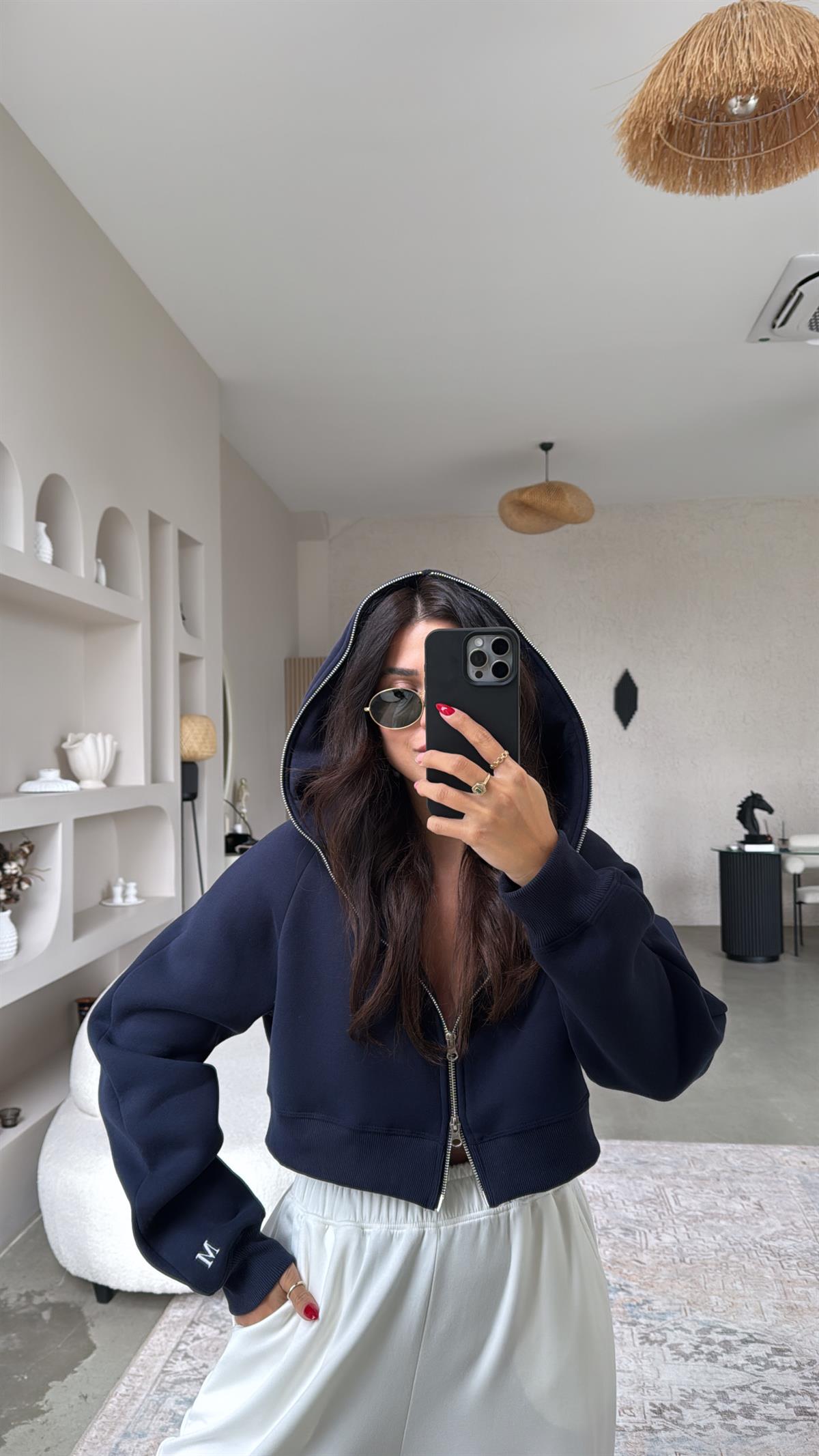 Lacivert M Nakış Üç İplik Şardonlu Hoodie