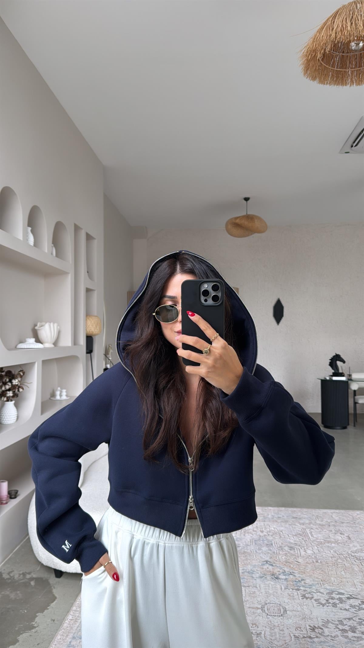 Lacivert M Nakış Üç İplik Şardonlu Hoodie