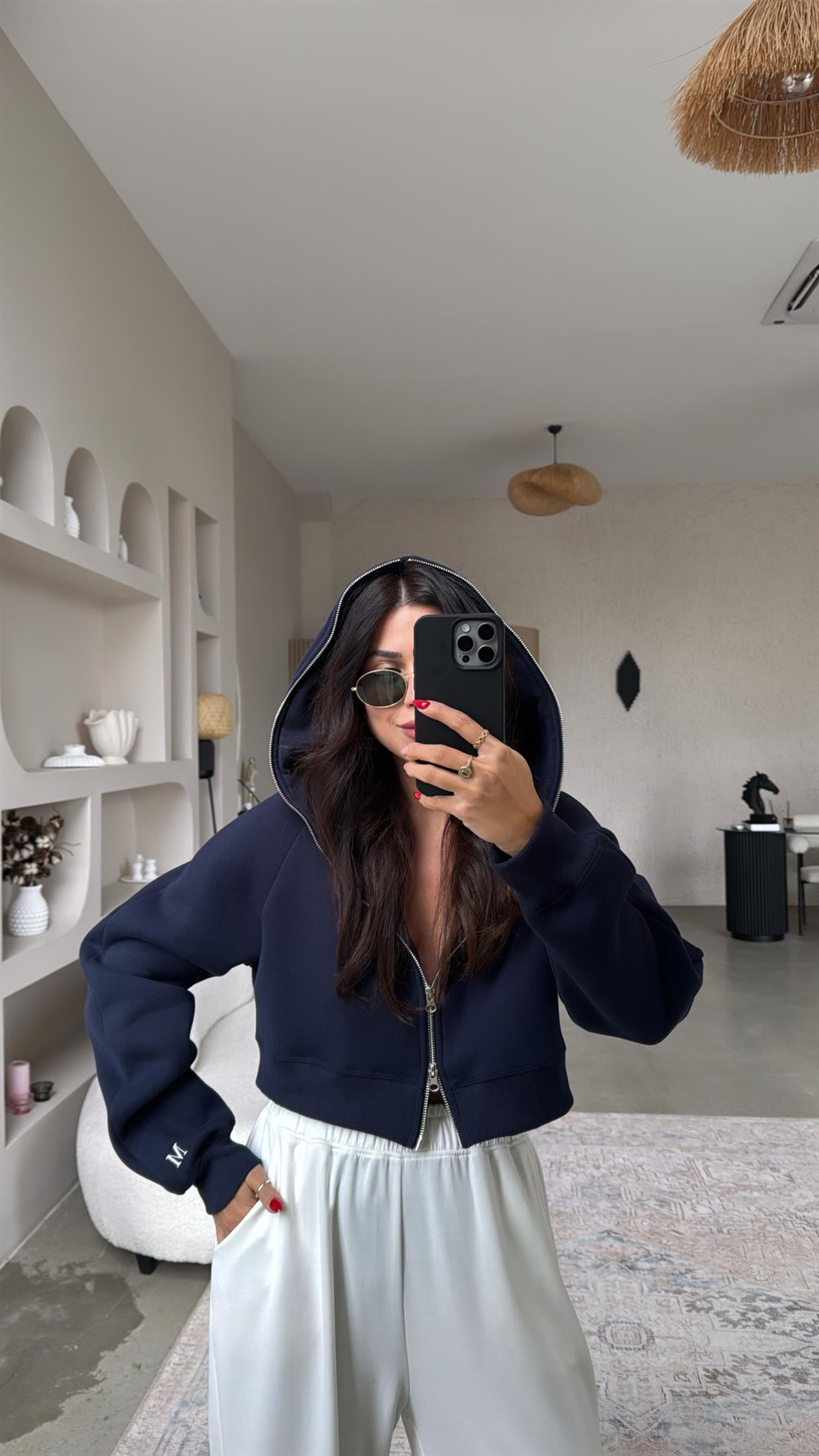 Lacivert M Nakış Üç İplik Şardonlu Hoodie