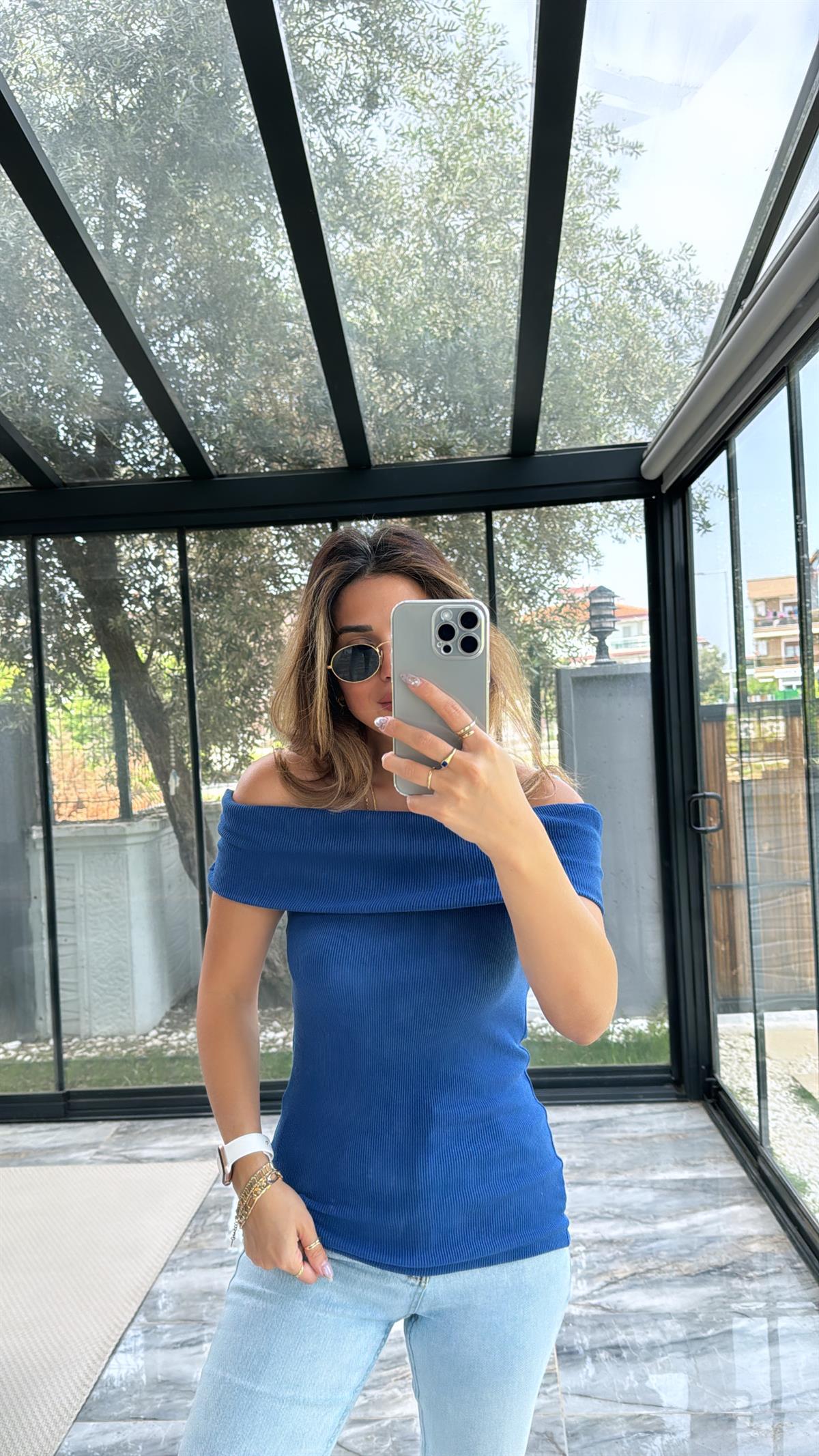 Lacivert Madonna Kısa Kol Bluz