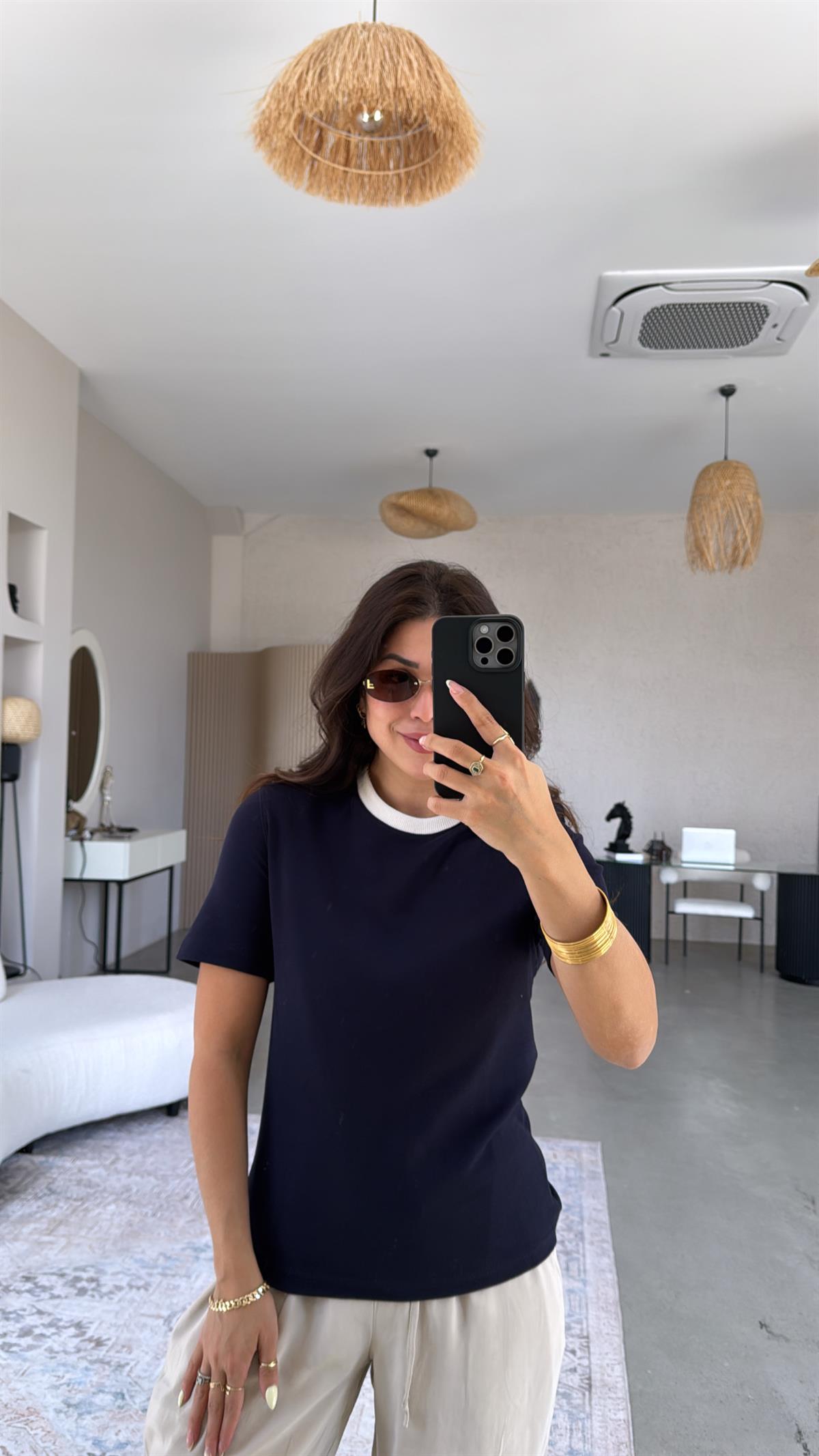 Lacivert Massi Bisiklet Yaka Tshirt