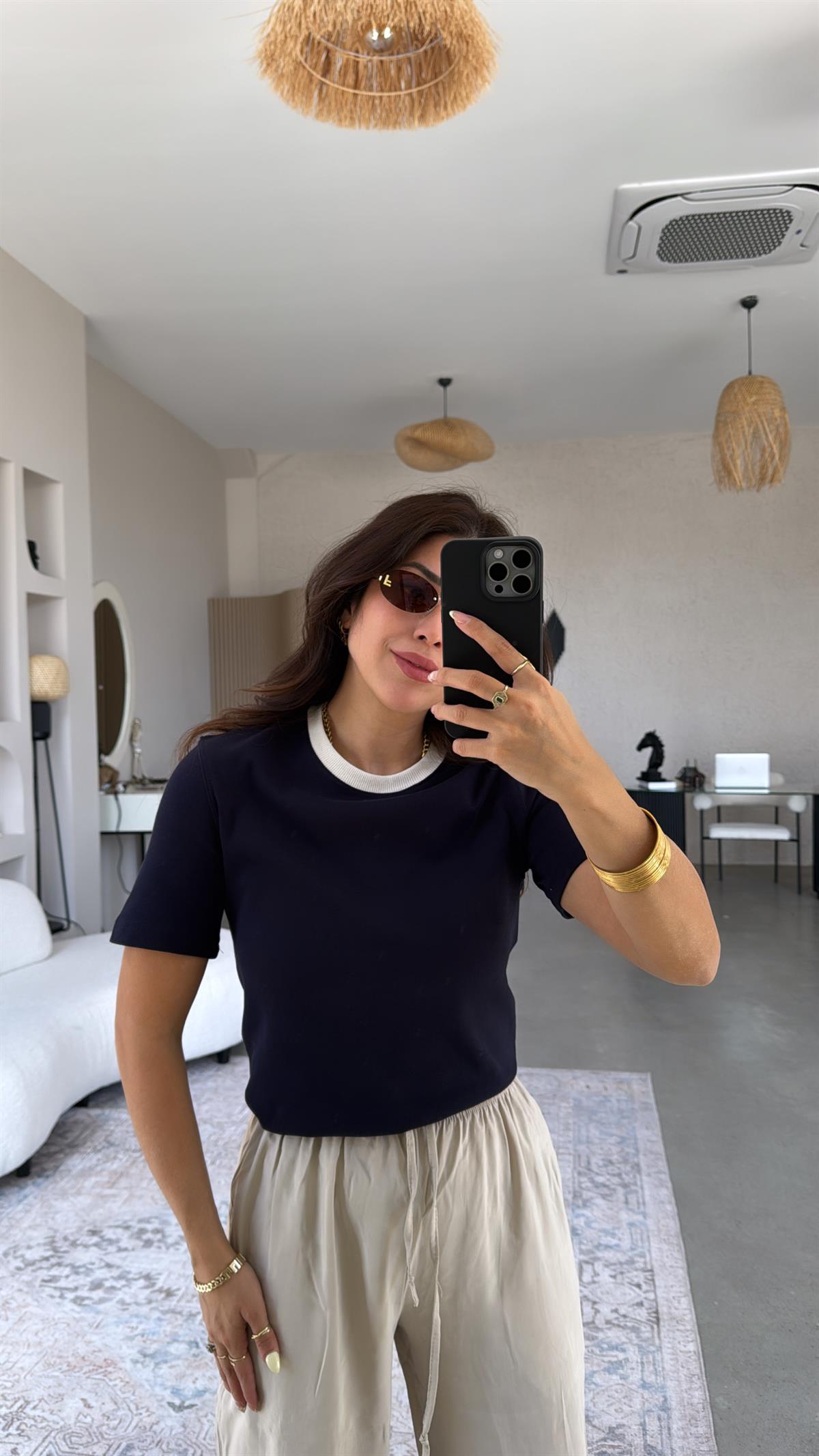 Lacivert Massi Bisiklet Yaka Tshirt