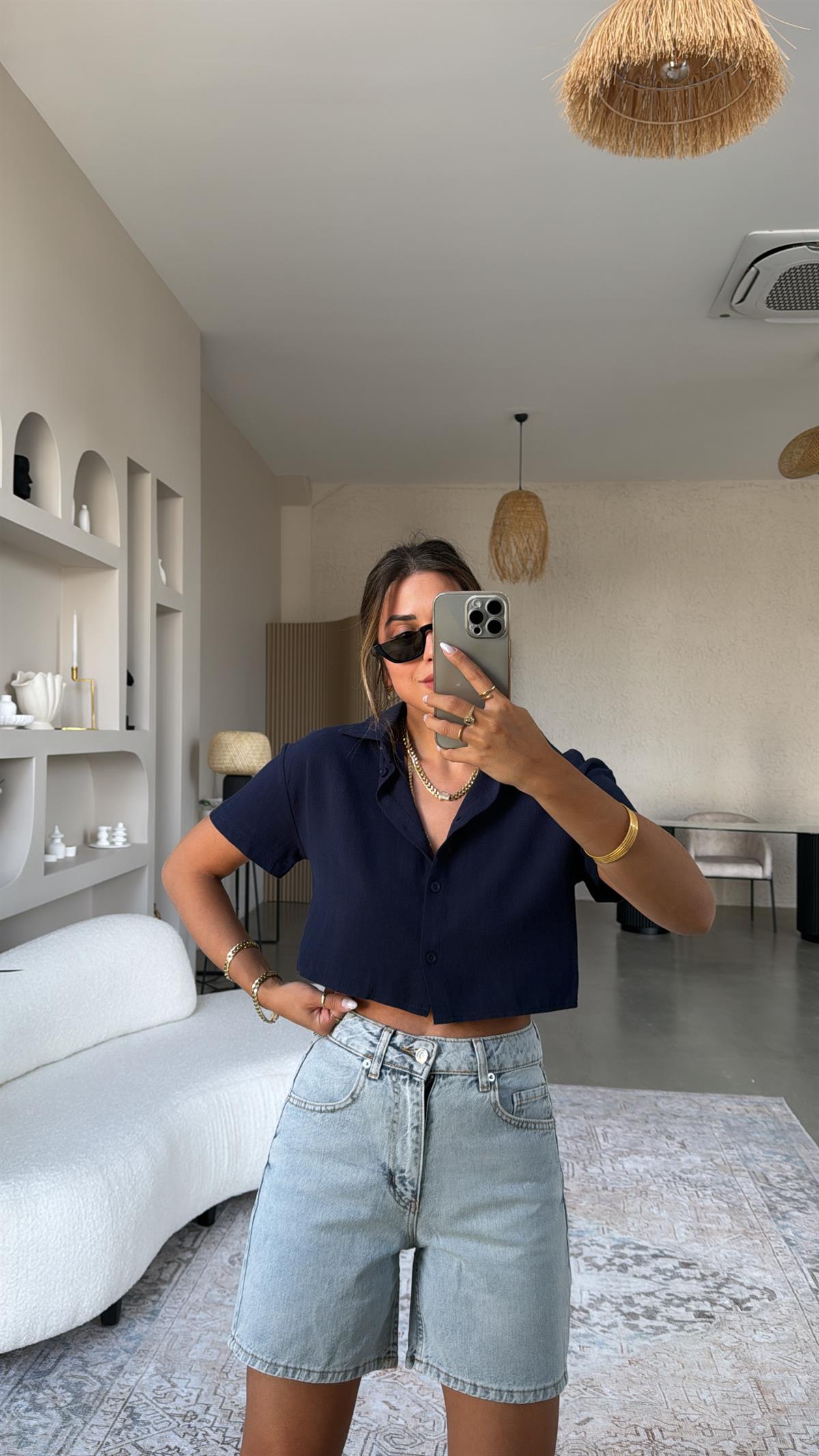 Lacivert Massimo Crop Keten Gömlek