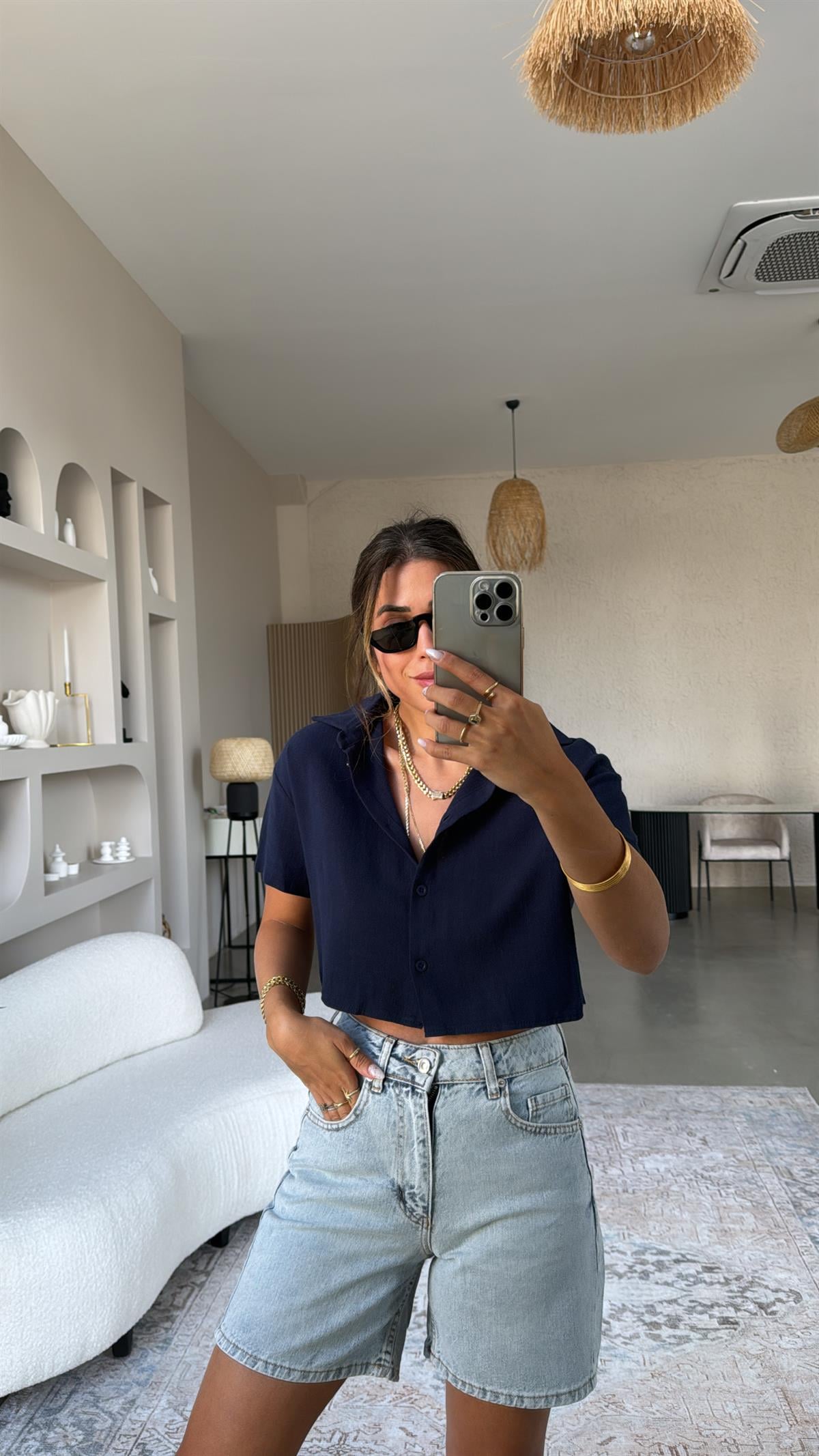 Lacivert Massimo Crop Keten Gömlek