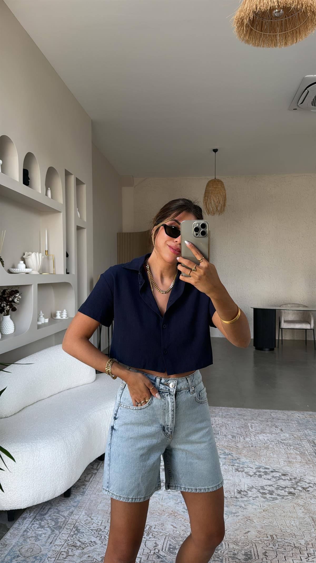 Lacivert Massimo Crop Keten Gömlek