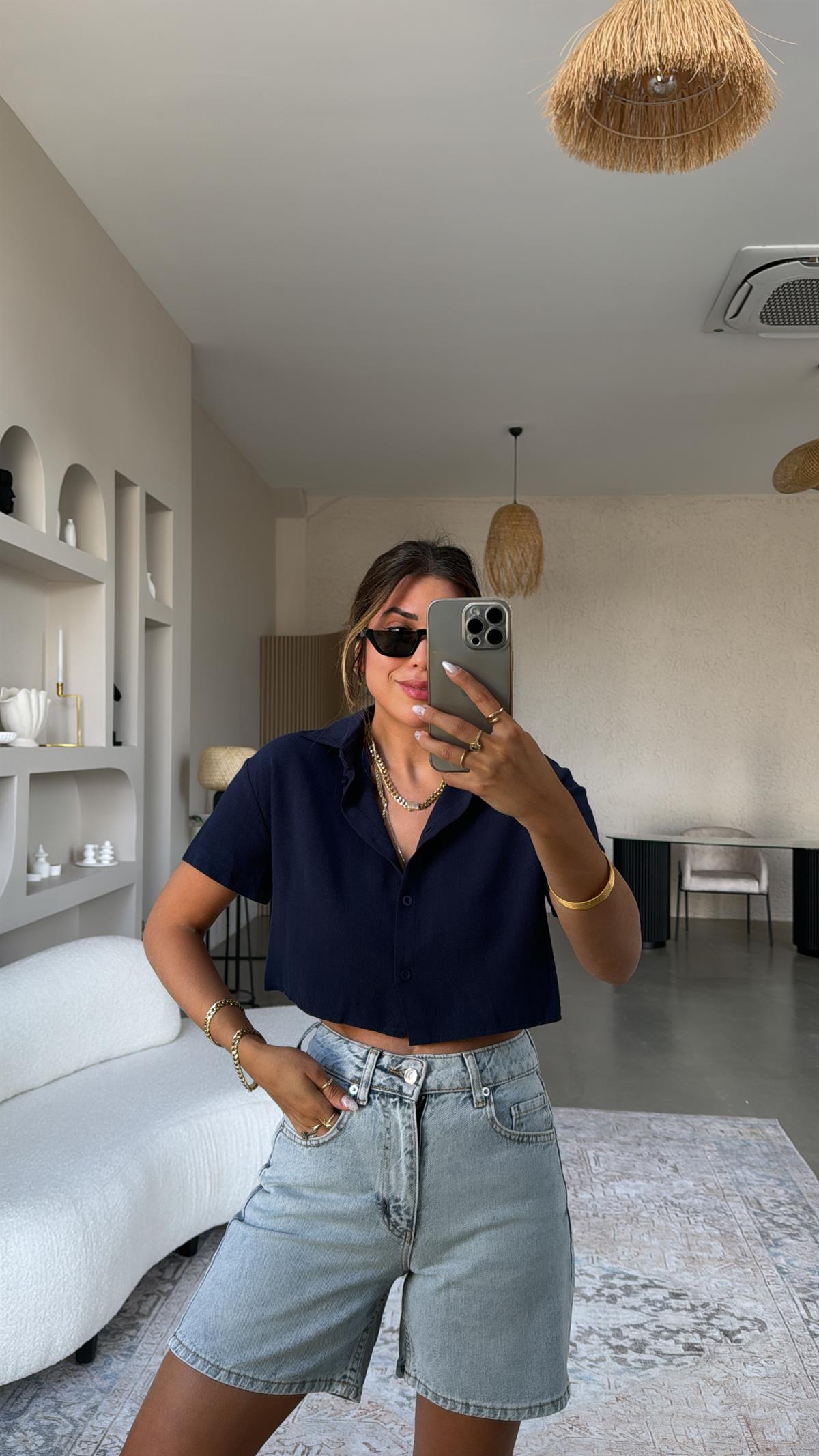 Lacivert Massimo Crop Keten Gömlek