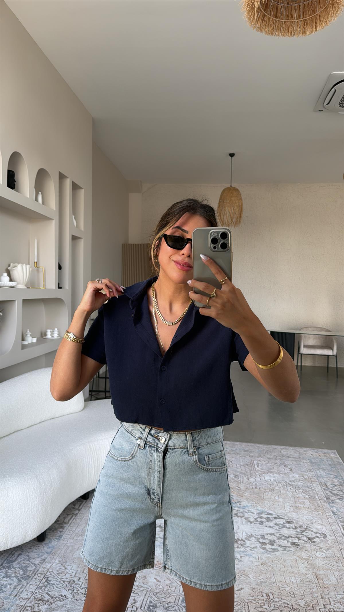 Lacivert Massimo Crop Keten Gömlek