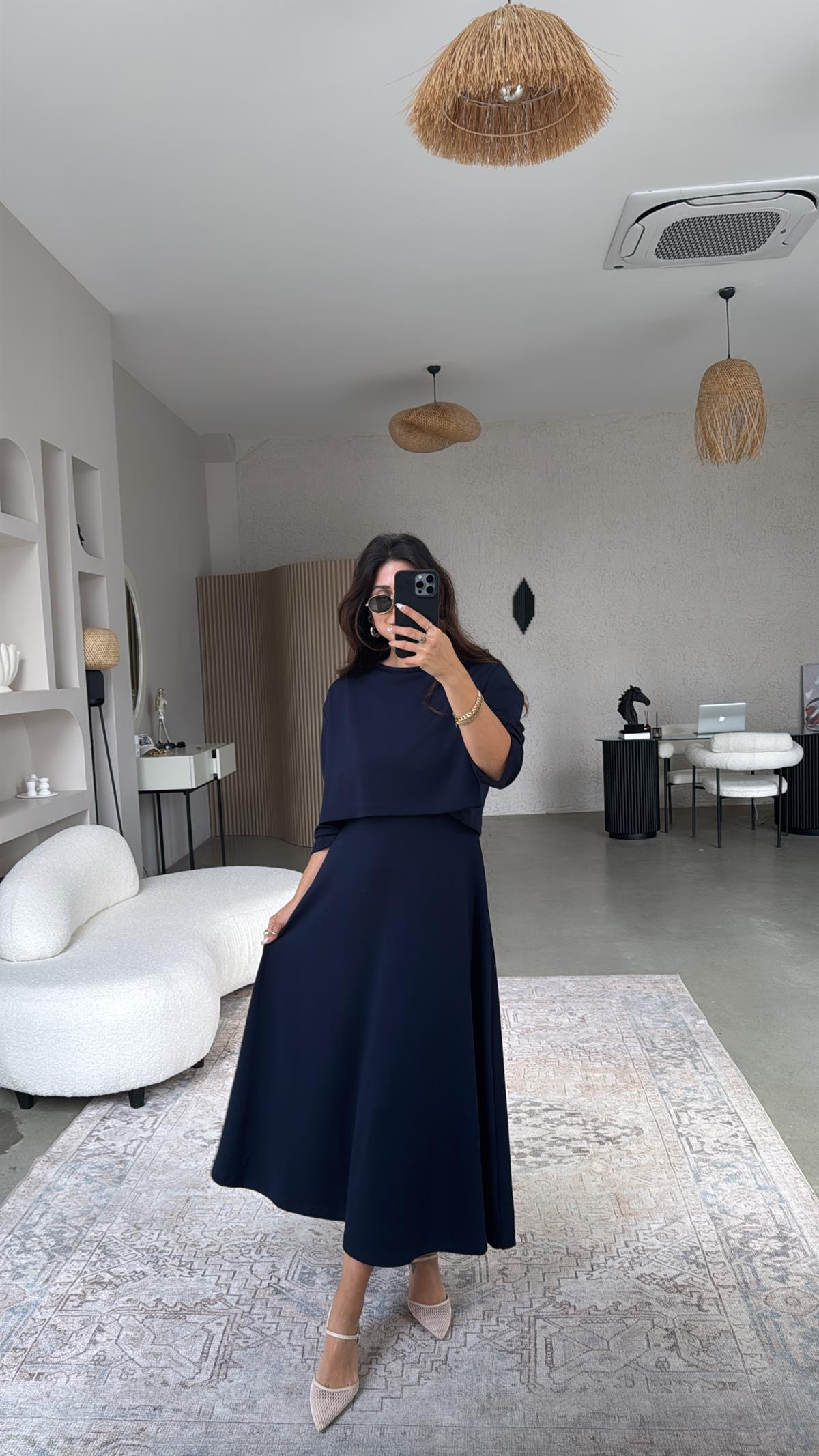 Lacivert Modal Elbise Bluz İkili Takım