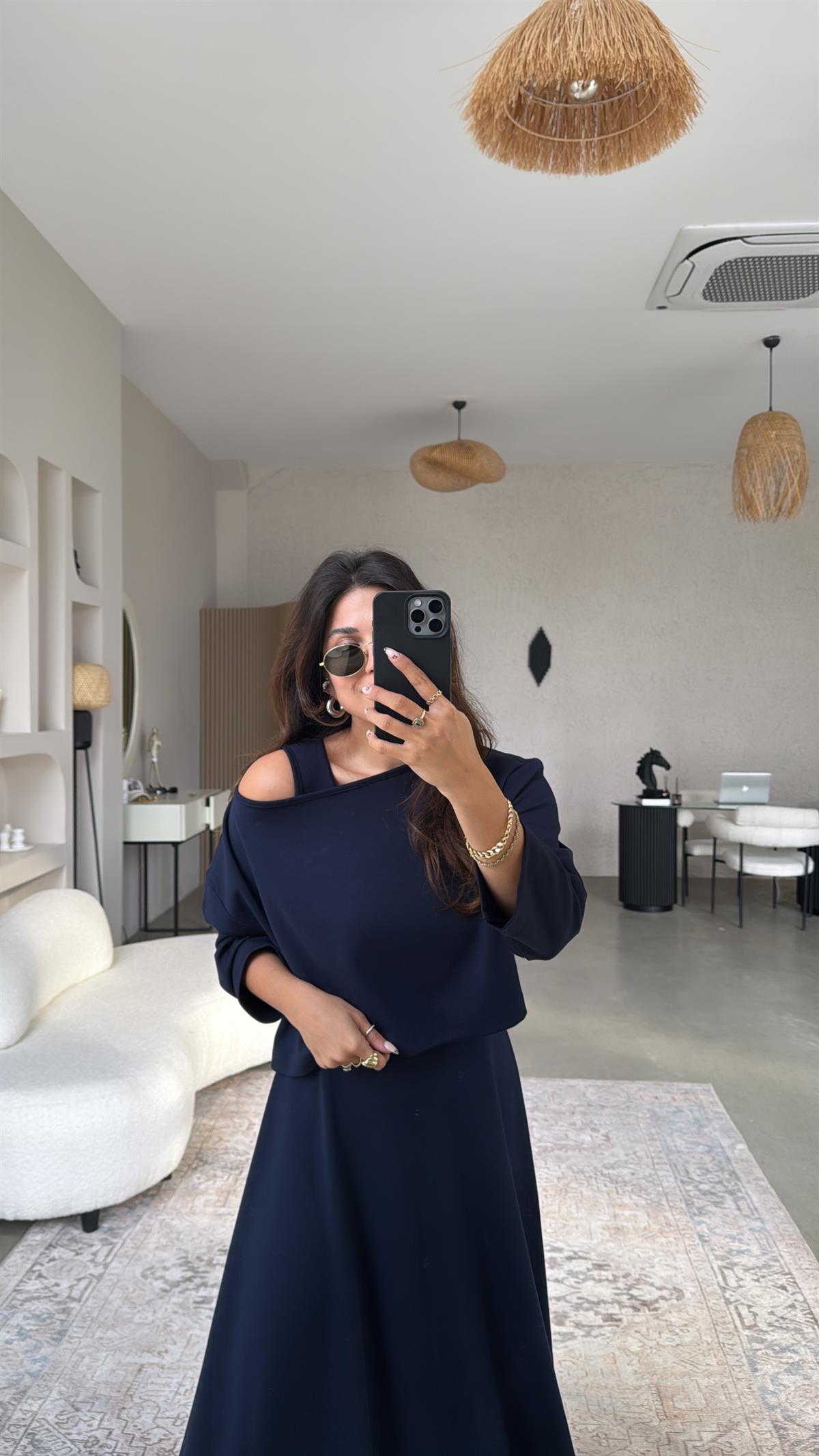 Lacivert Modal Elbise Bluz İkili Takım