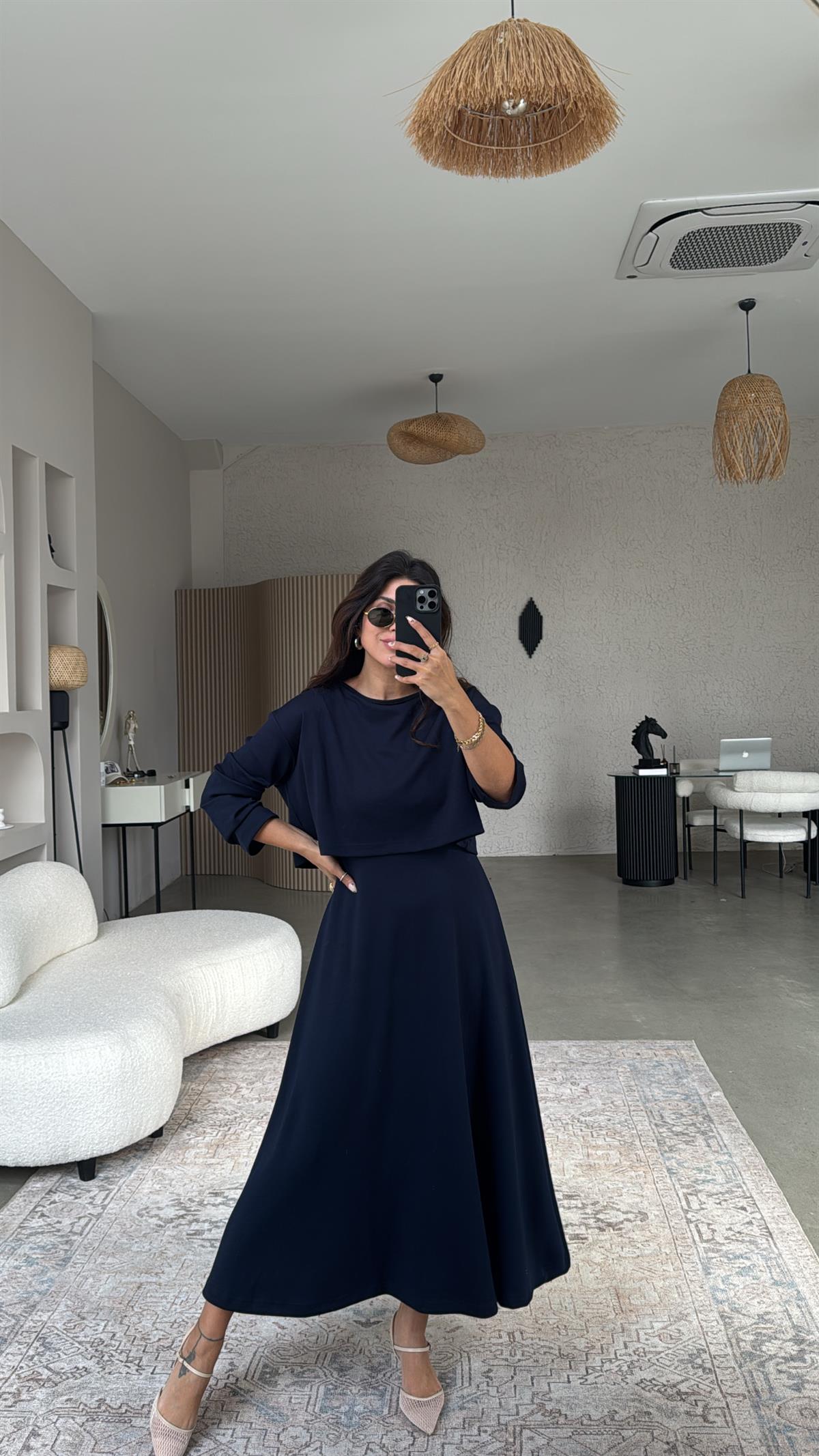 Lacivert Modal Elbise Bluz İkili Takım