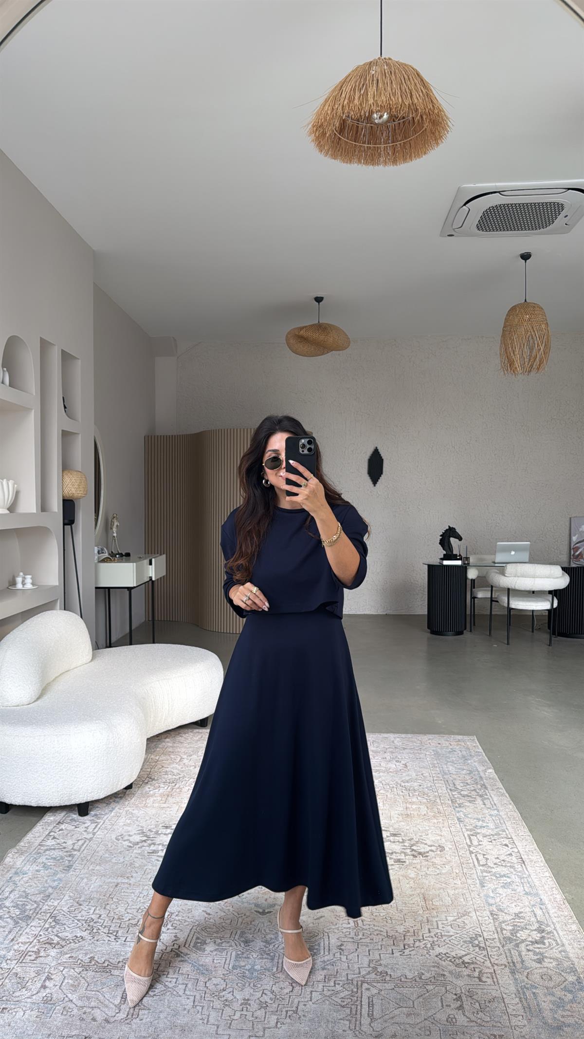 Lacivert Modal Elbise Bluz İkili Takım