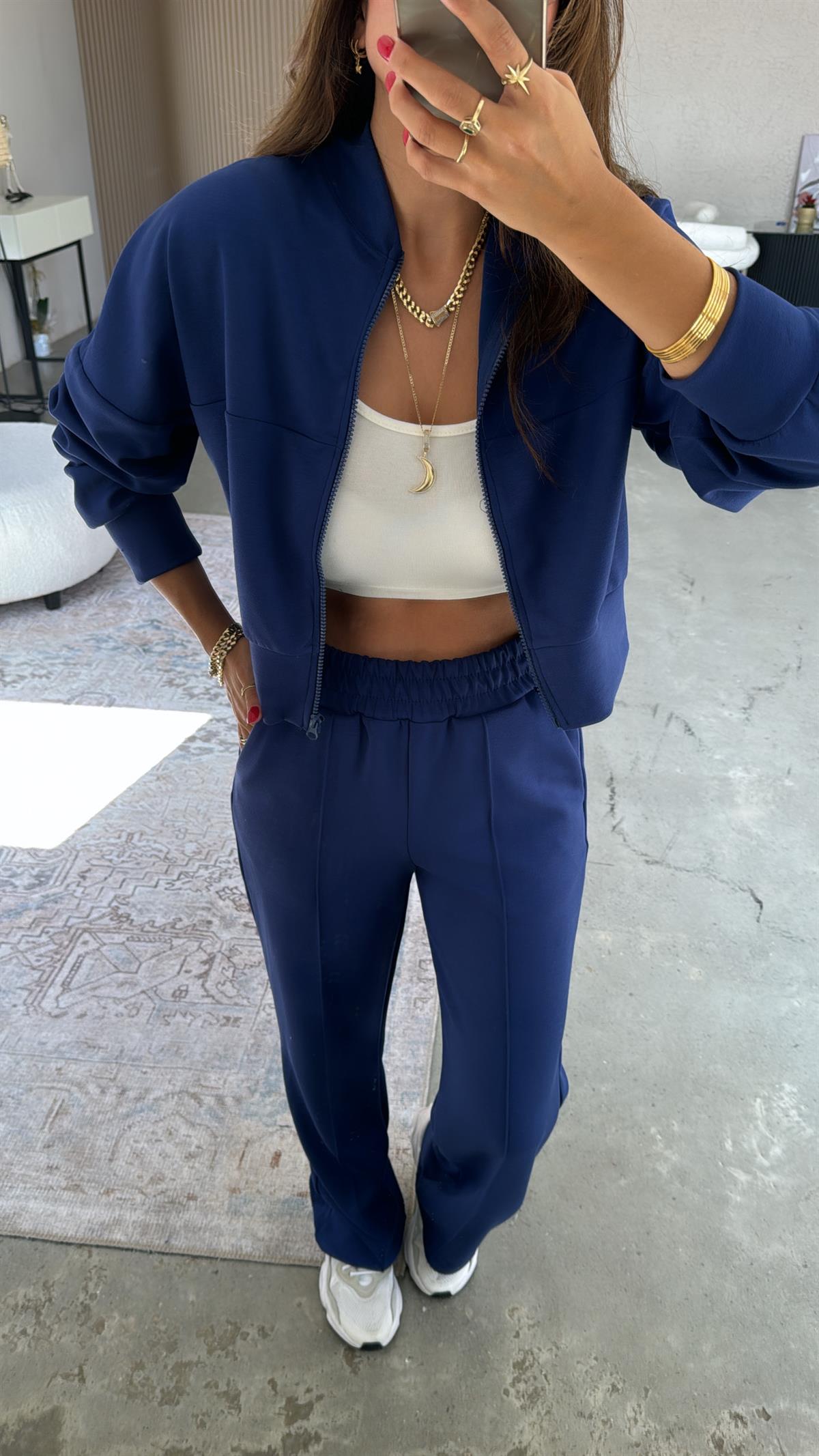 Lacivert Modal Fermuarlı Ceketli Takım