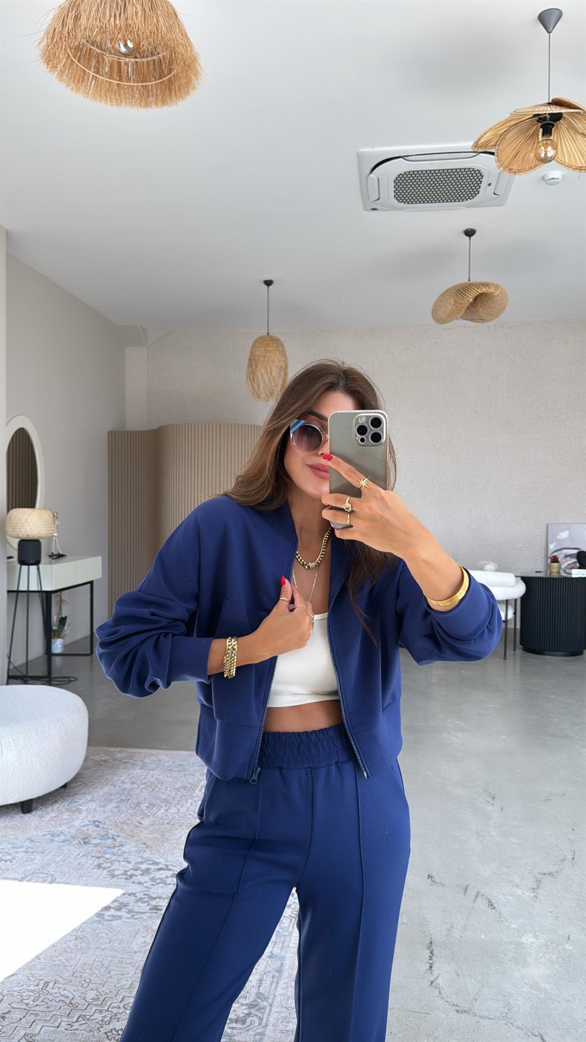 Lacivert Modal Fermuarlı Ceketli Takım