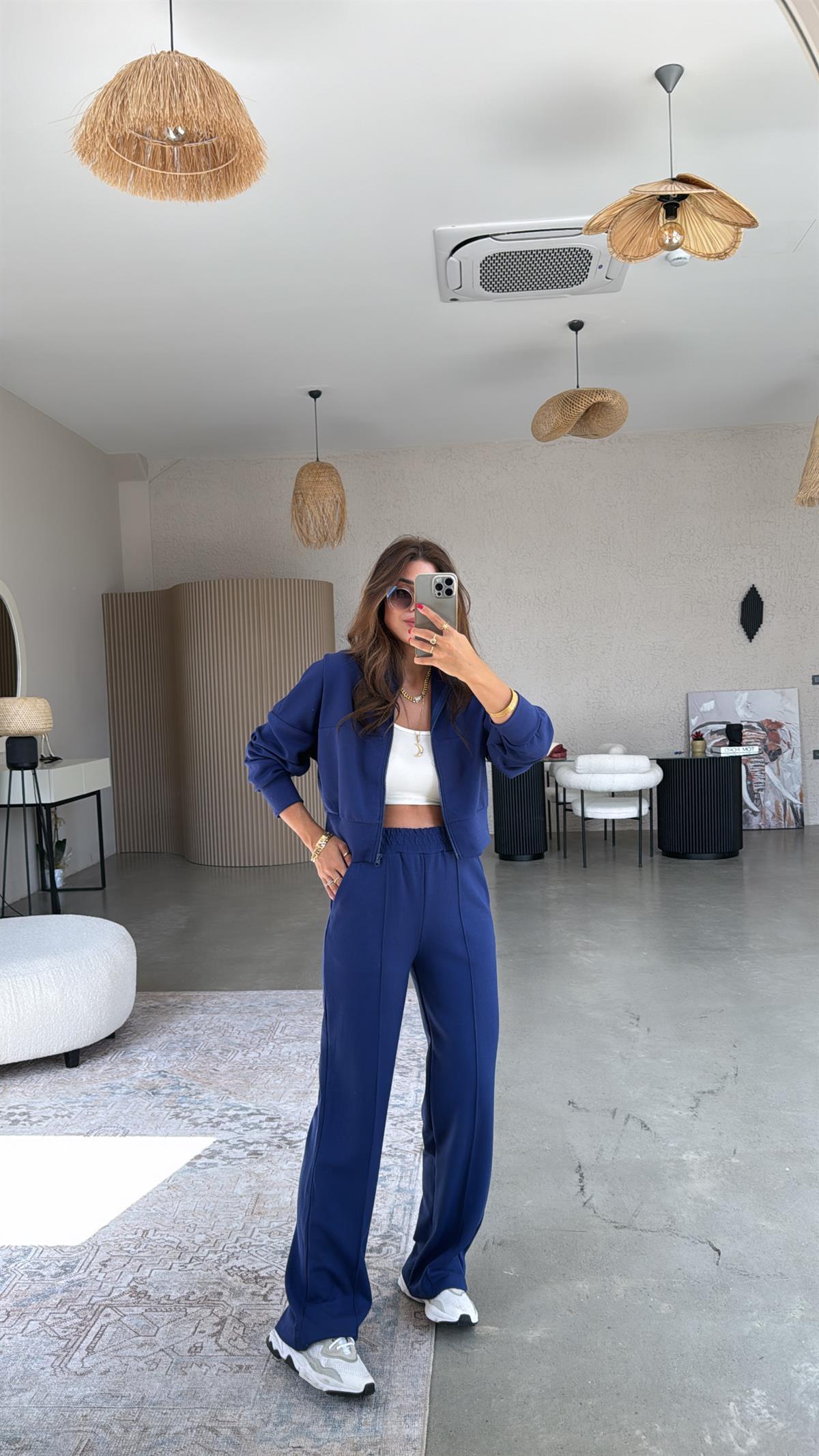 Lacivert Modal Fermuarlı Ceketli Takım