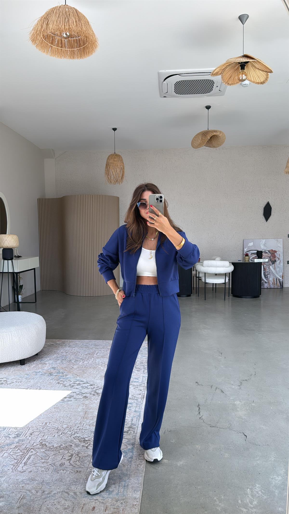 Lacivert Modal Fermuarlı Ceketli Takım