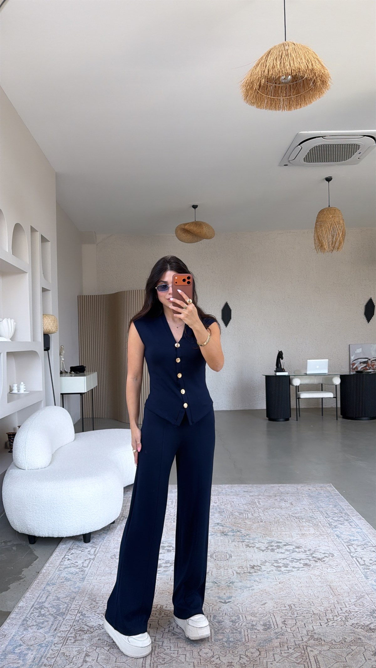 Lacivert Modal Gold Düğmeli Yelekli Takım