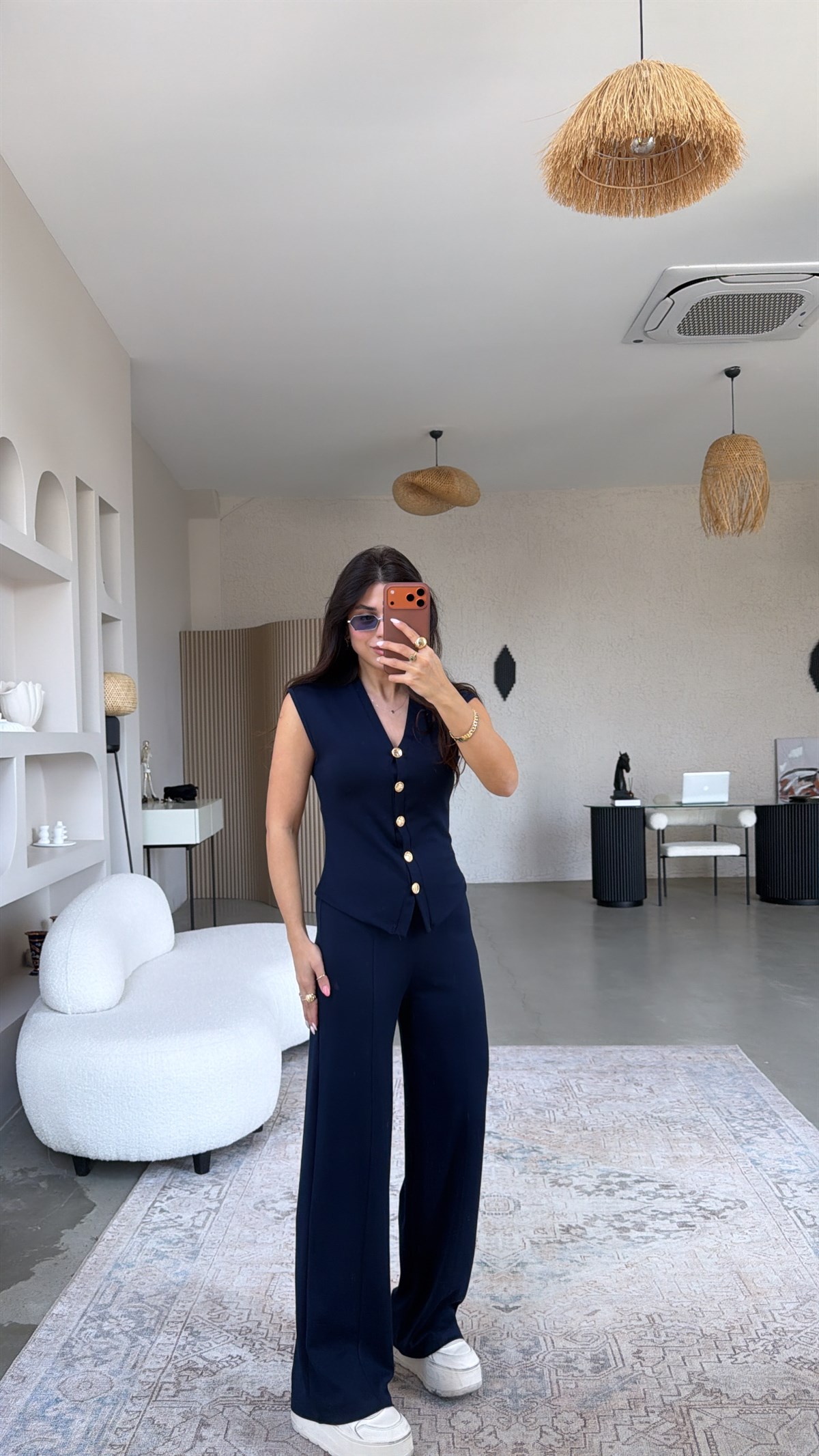 Lacivert Modal Gold Düğmeli Yelekli Takım