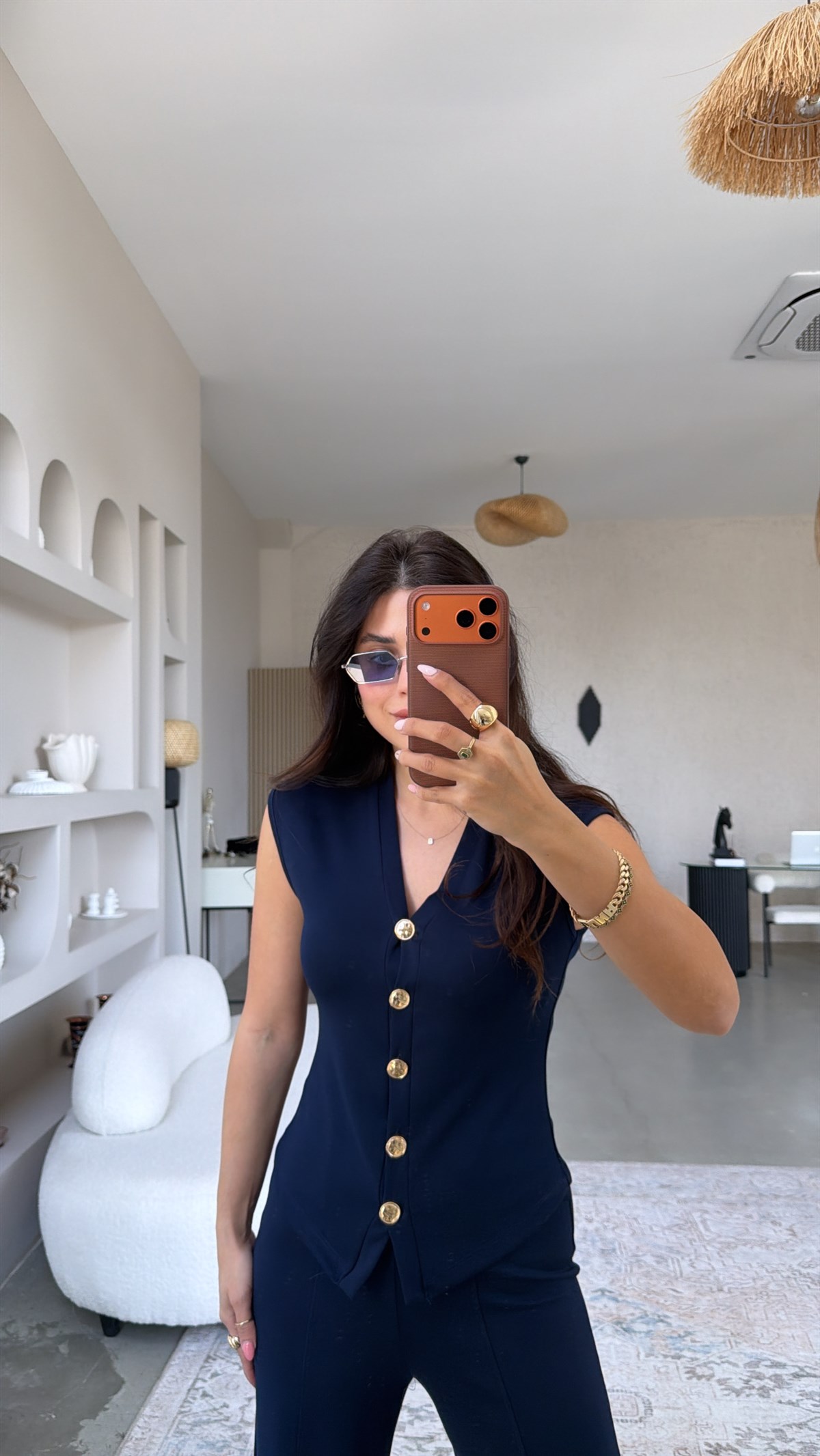 Lacivert Modal Gold Düğmeli Yelekli Takım