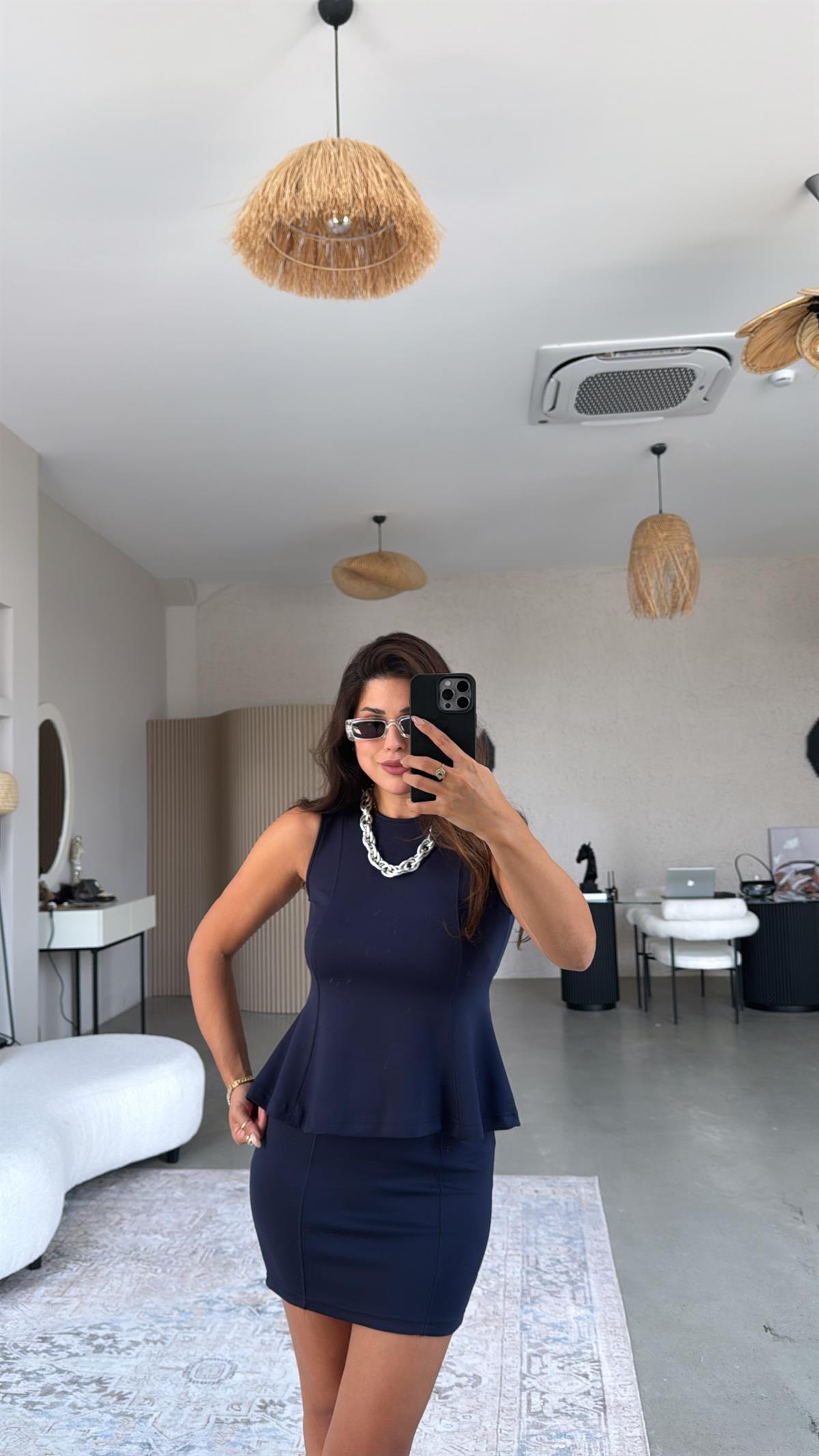 Lacivert Modal Mini Etek Bluz Takım