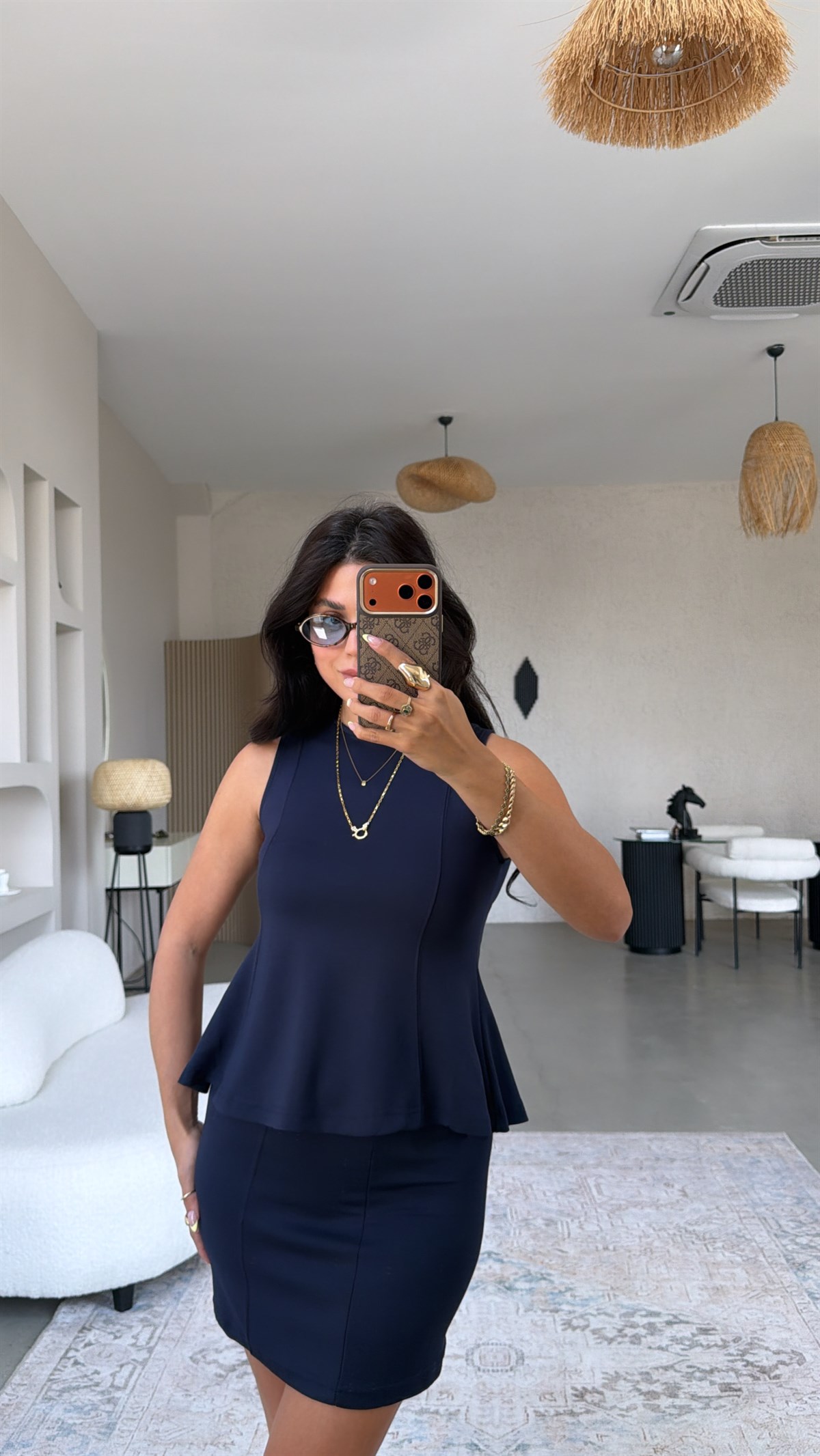 Lacivert Modal Volanlı Bluz Mini Etek Takım