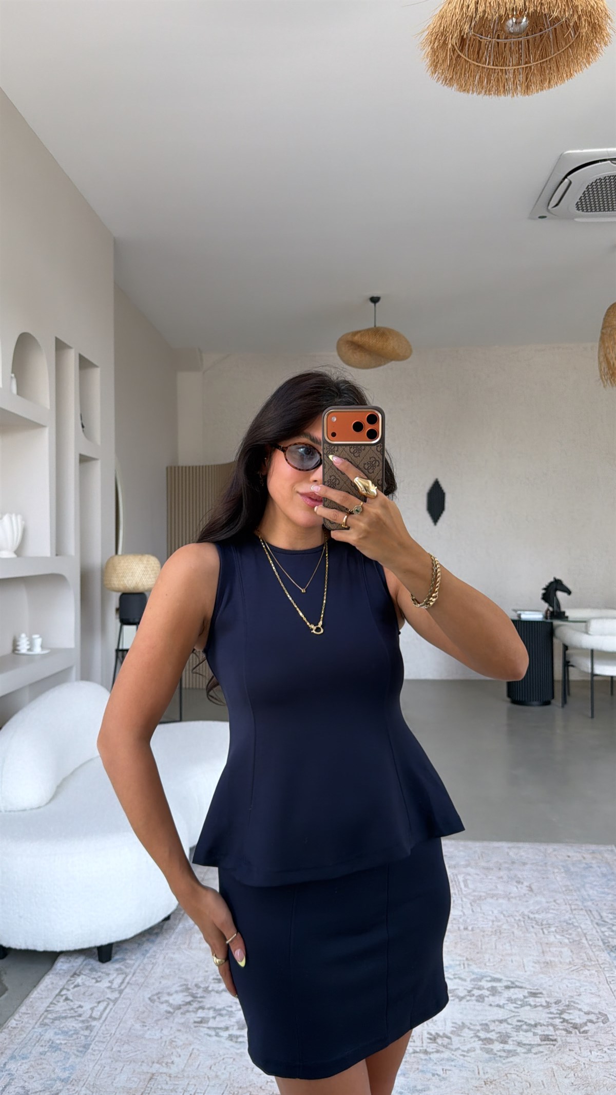 Lacivert Modal Volanlı Bluz Mini Etek Takım