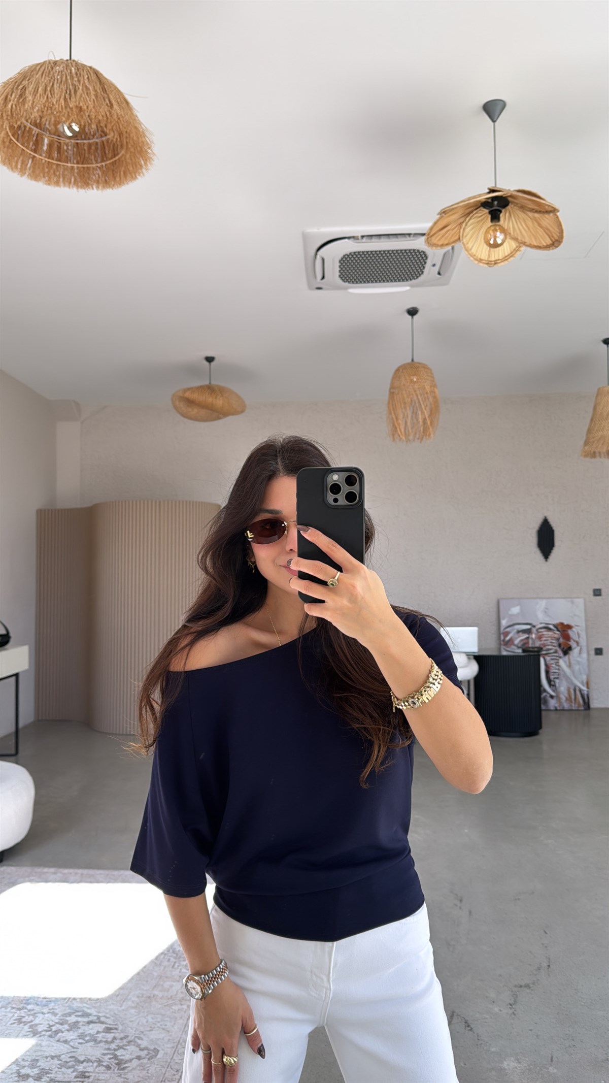 Lacivert Omzu Açık Kısa Kollu Modal Bluz