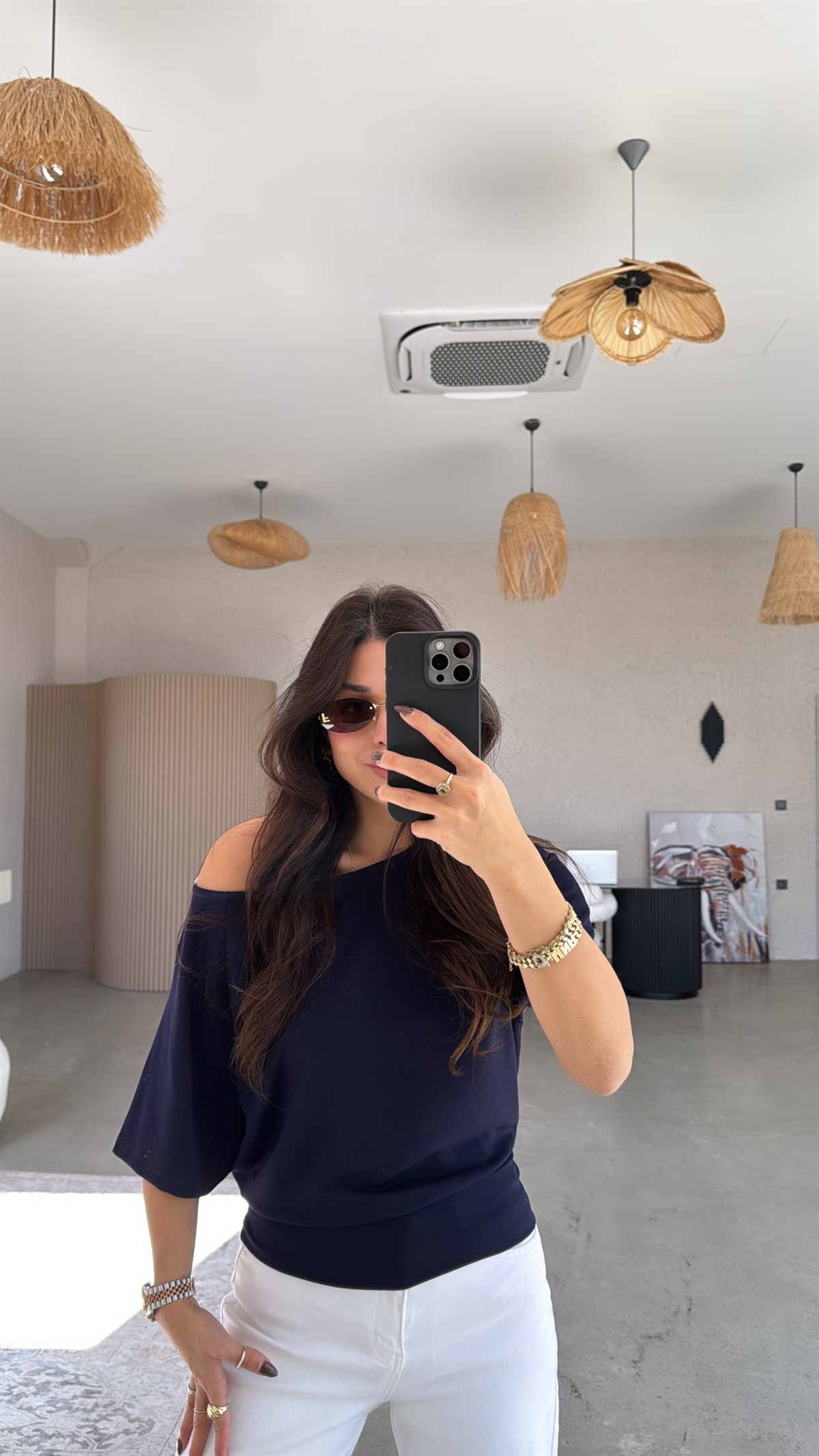 Lacivert Omzu Açık Kısa Kollu Modal Bluz