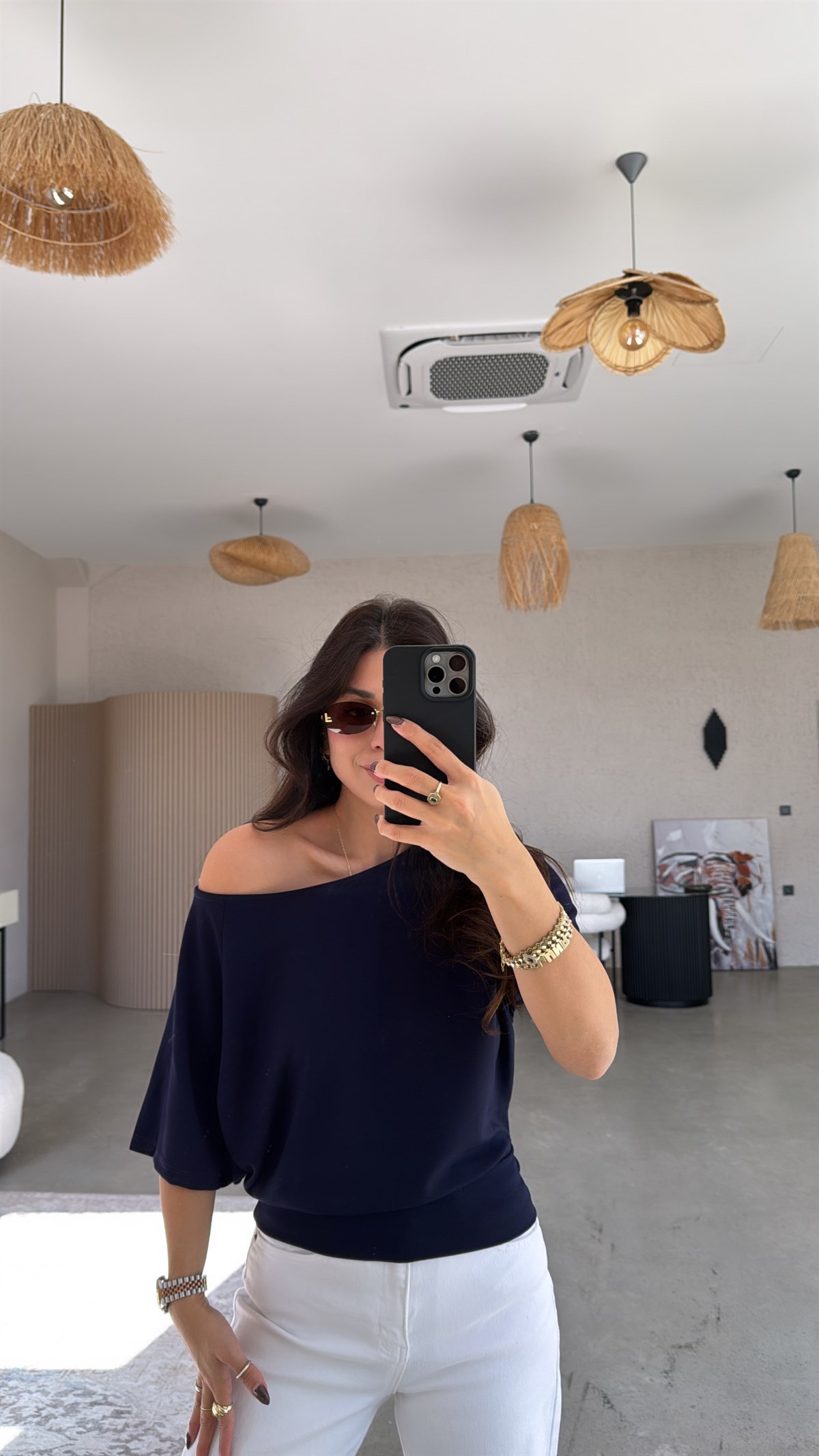 Lacivert Omzu Açık Kısa Kollu Modal Bluz