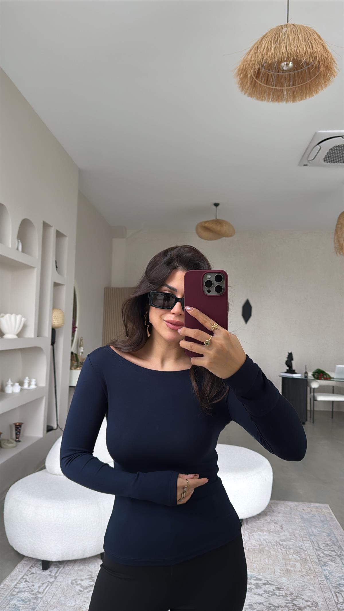 Lacivert Oys Kayık Yaka Bluz