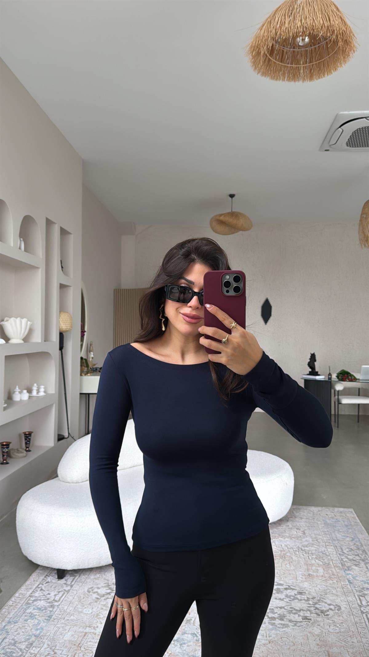 Lacivert Oys Kayık Yaka Bluz