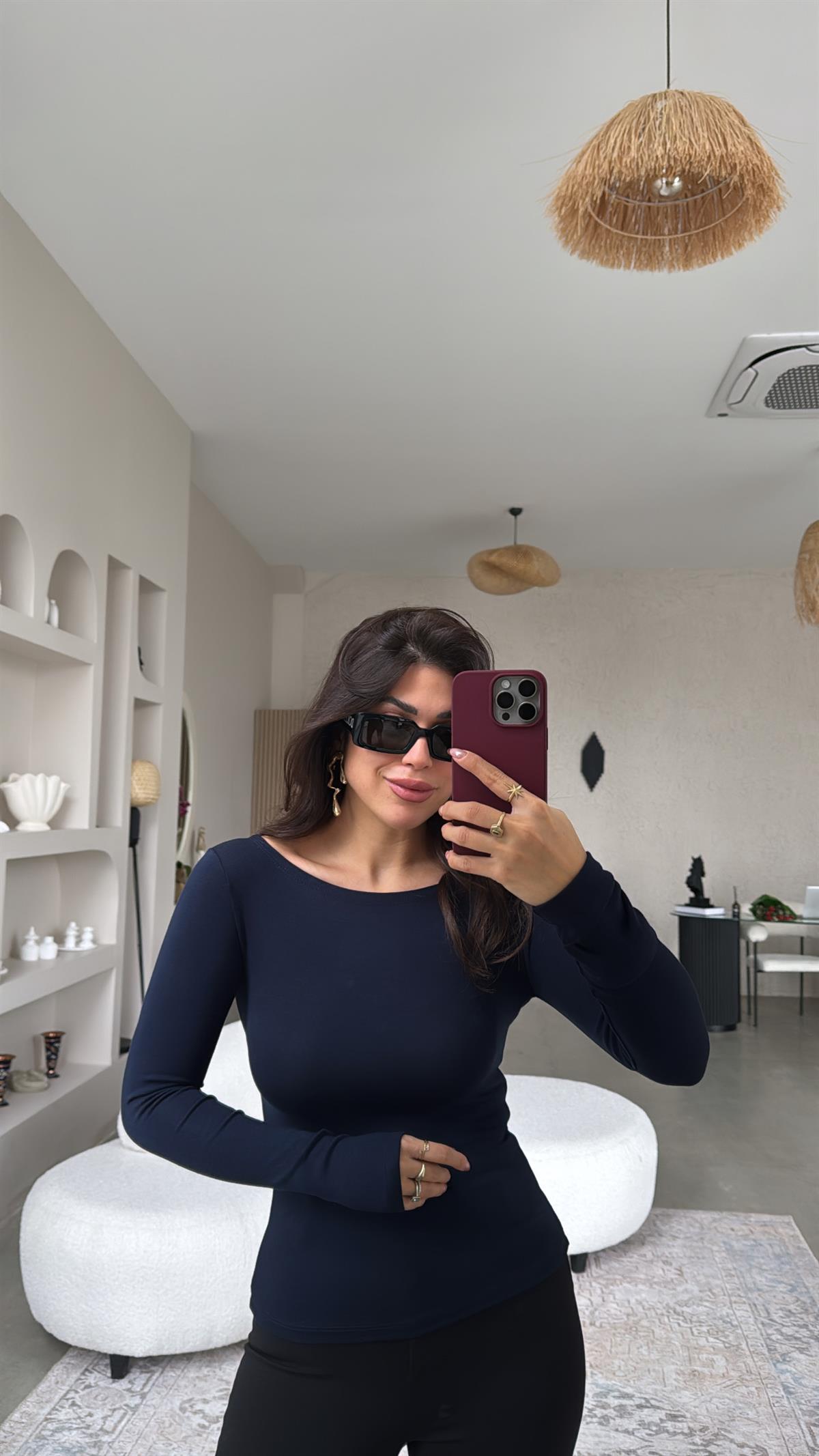 Lacivert Oys Kayık Yaka Bluz