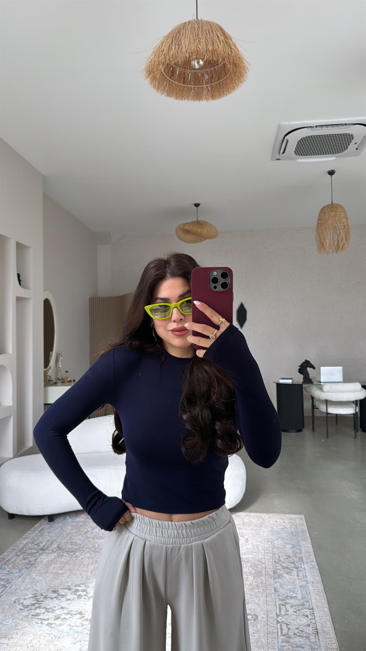 Lacivert Oys Parmak Geçme Uzun Kollu Body