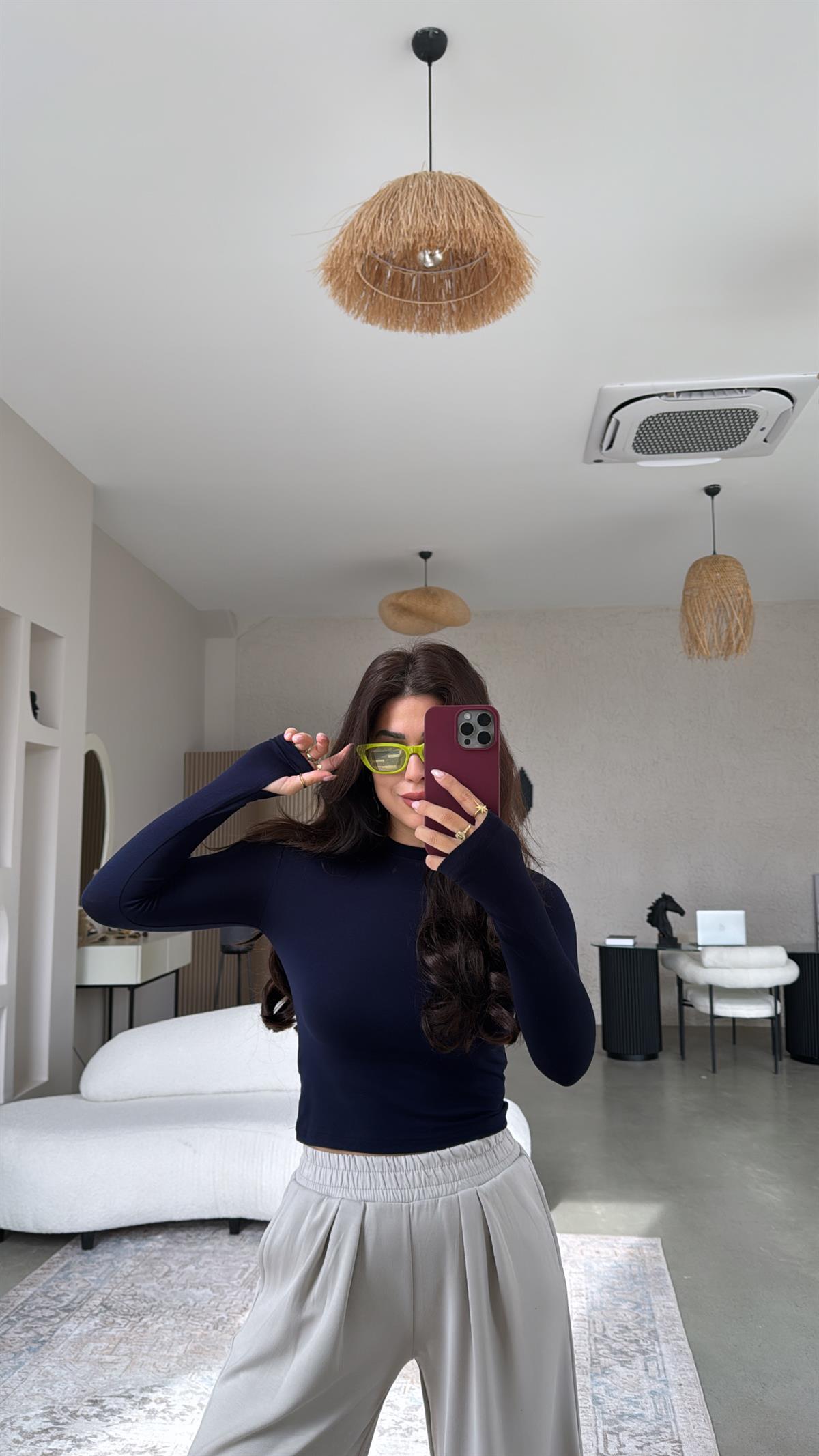 Lacivert Oys Parmak Geçme Uzun Kollu Body