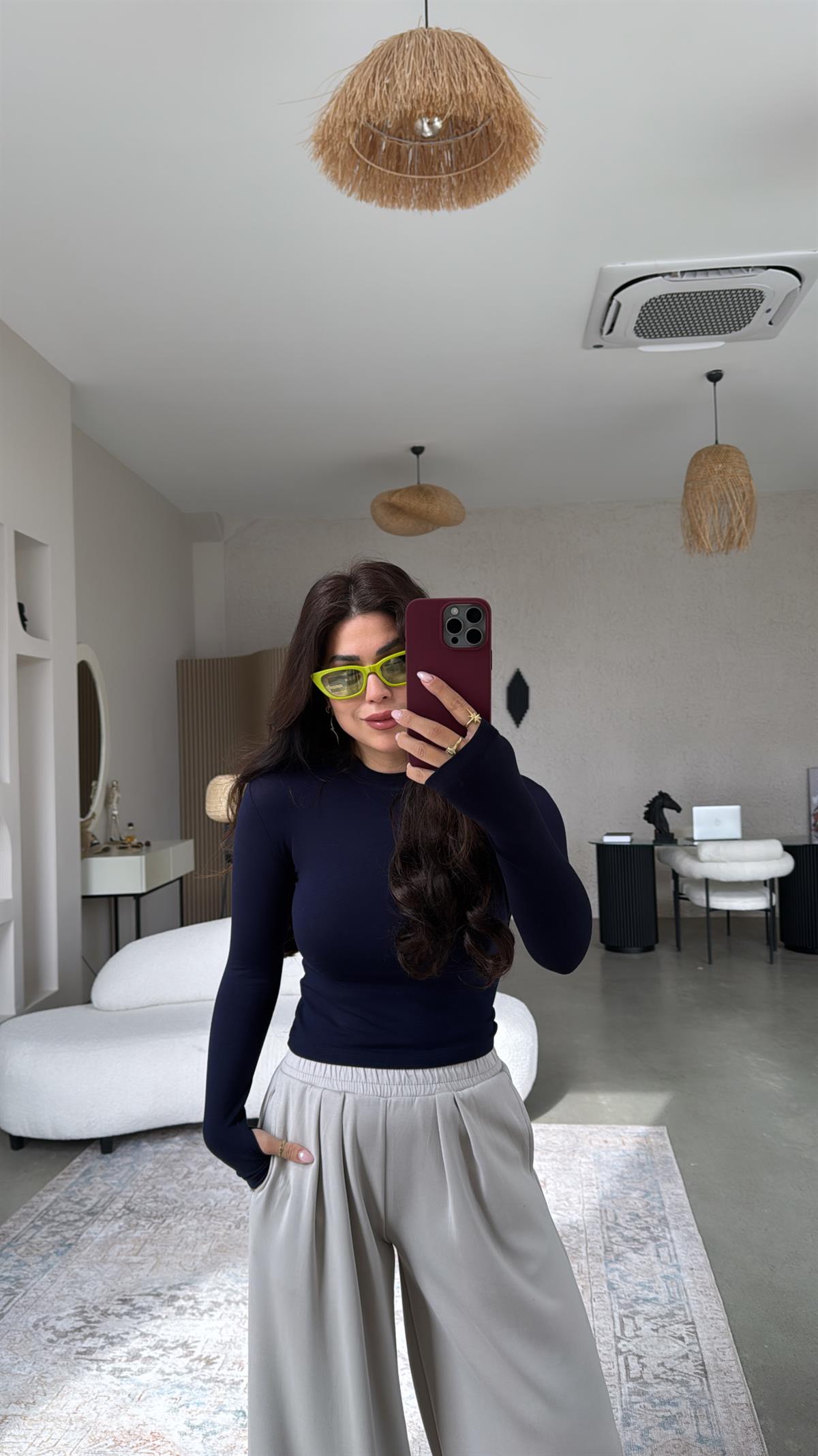 Lacivert Oys Parmak Geçme Uzun Kollu Body