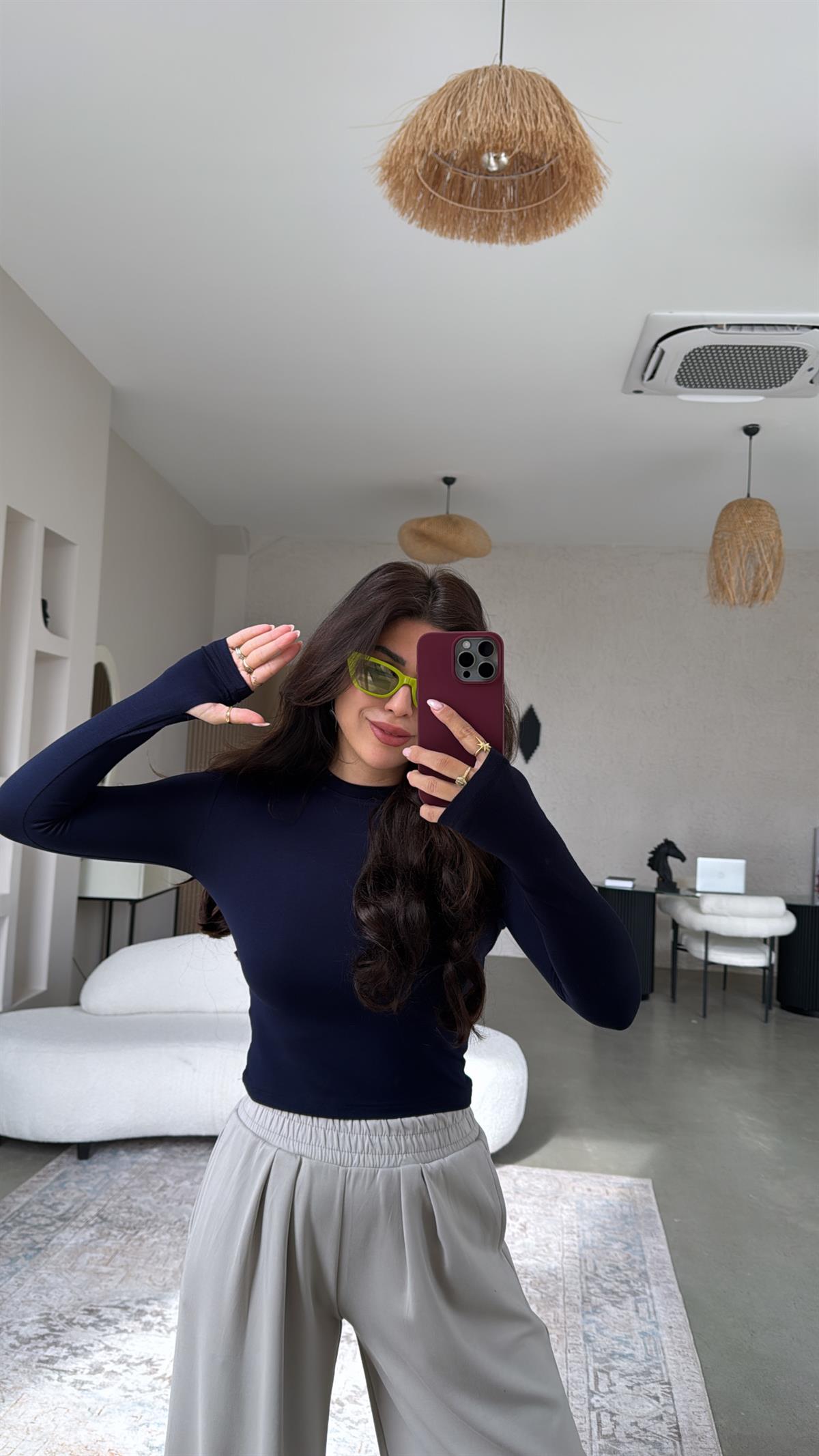 Lacivert Oys Parmak Geçme Uzun Kollu Body