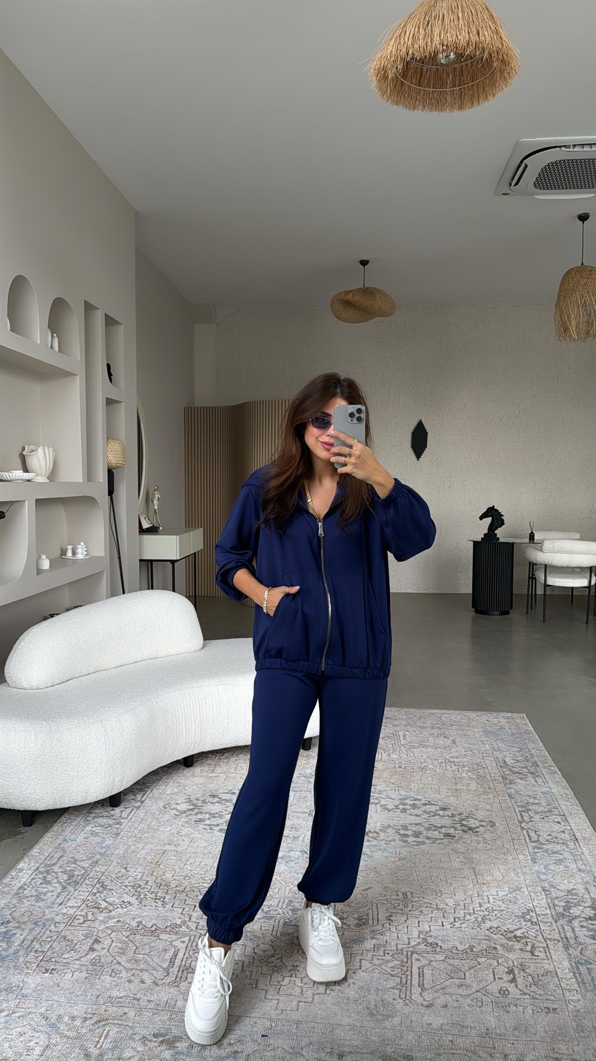 Lacivert Paça Lastikli Fermuarlı Ceketli Takım